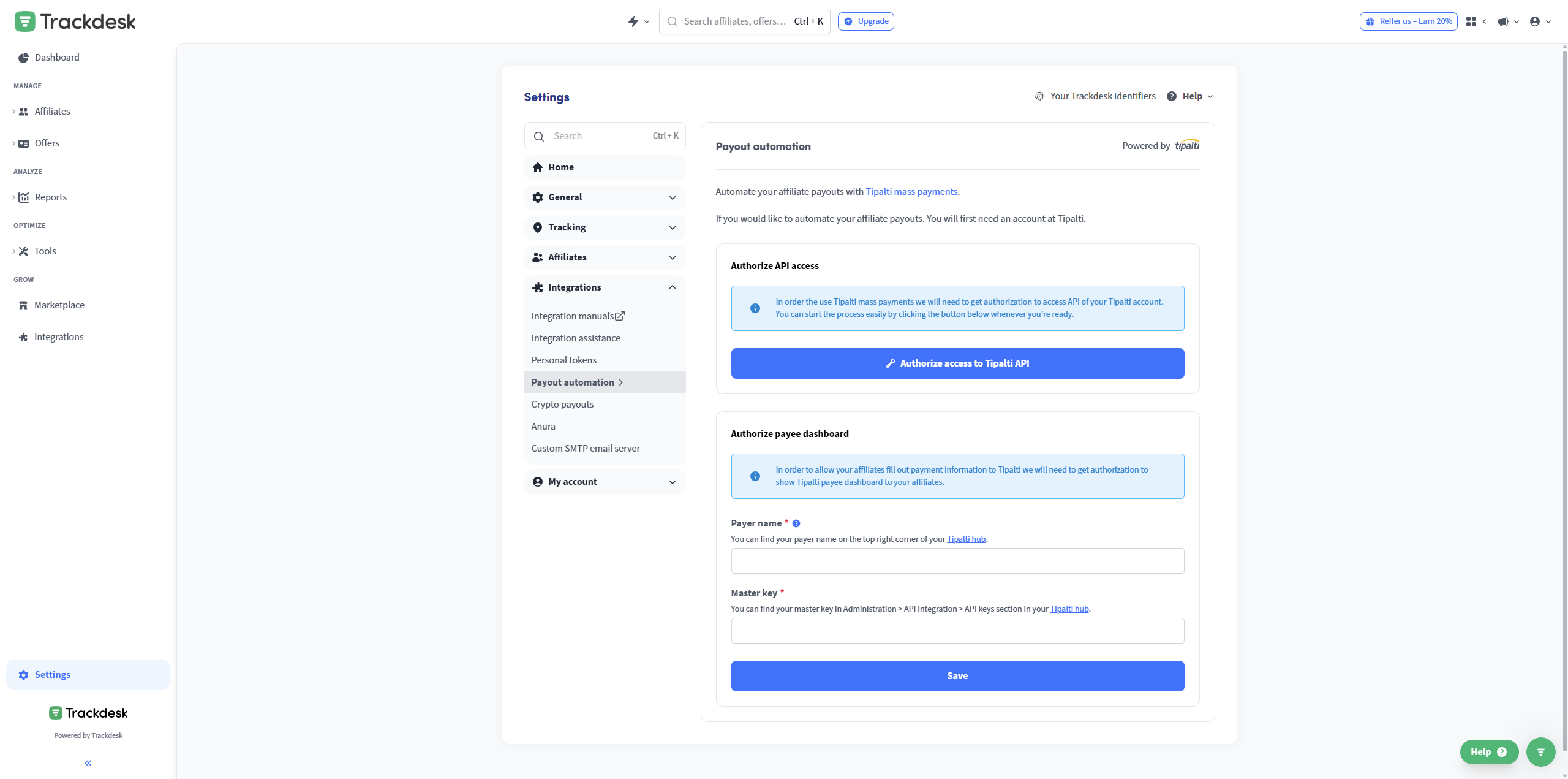Navigate to setting and open the Payout automation page under Integrations.