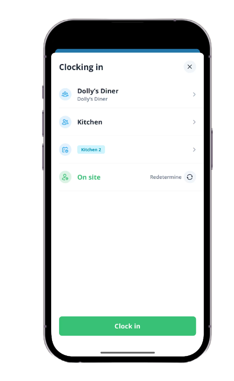 Anja's just arrived at work. She opens the app, taps Clock in, and gets started — no fuss, no delay.