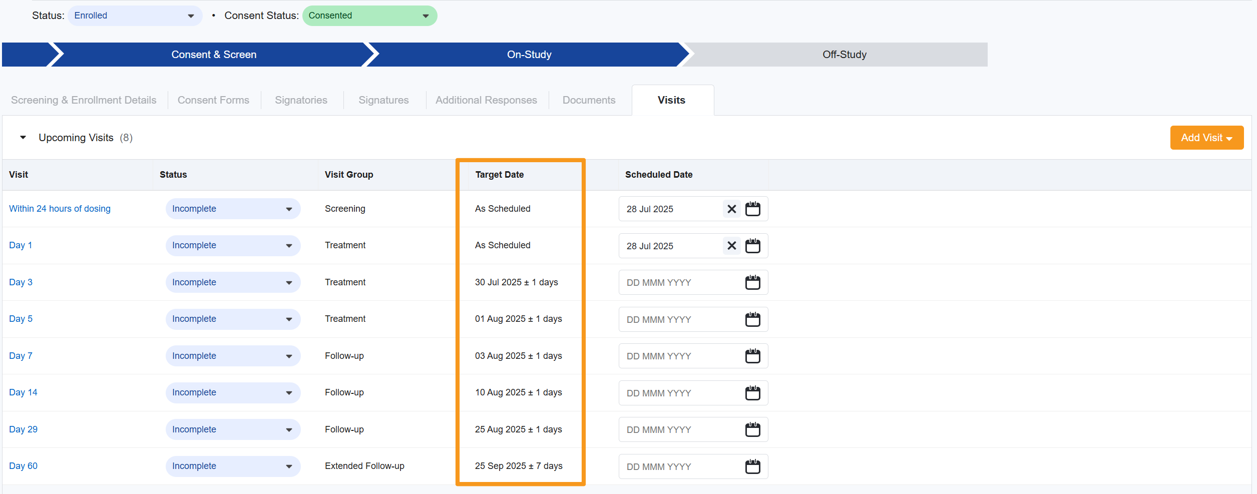 **Why Offsets Matter**: Offsets generate **Target Dates**, which are the specific dates each visit should occur for a study participant. 
This assists with consistent scheduling and helps teams stay aligned with the protocol.