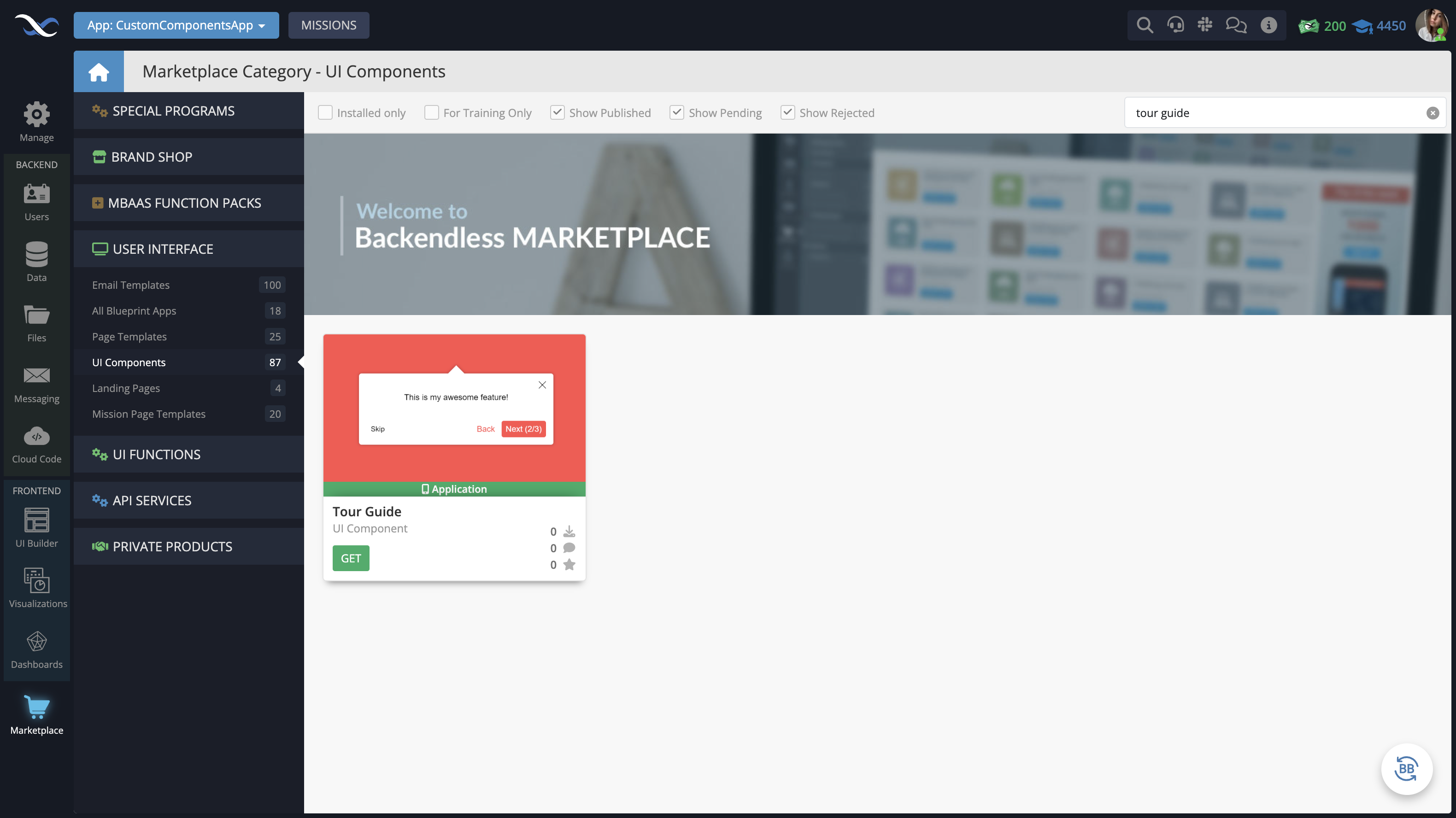 In your Backendless App, go to the Marketplace -> User Interface tab and install the Tour Guide component