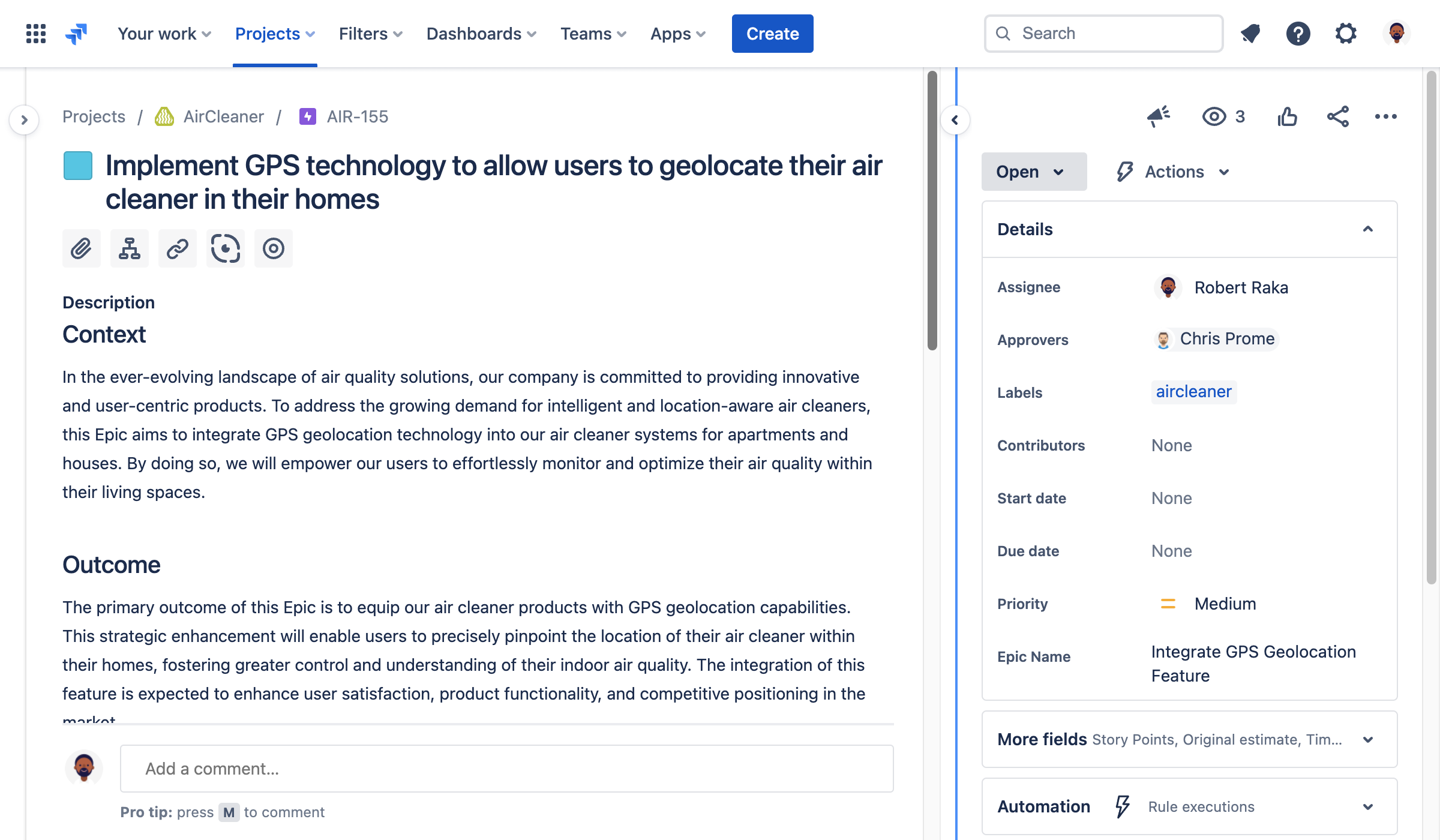 Robert created an Epic for his project on Jira.