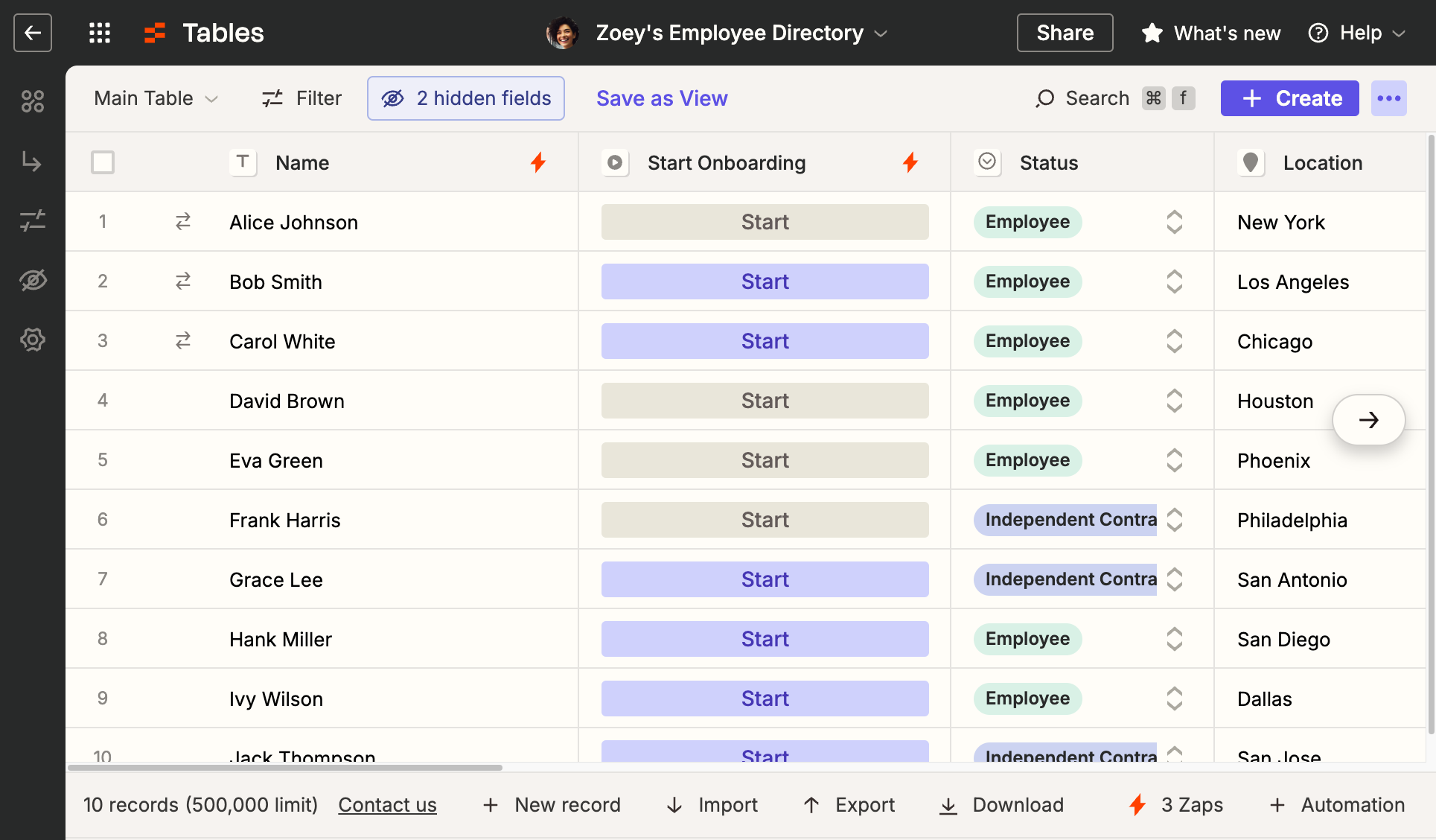 Buttons are **linked to a Zap** that automates steps in a workflow.