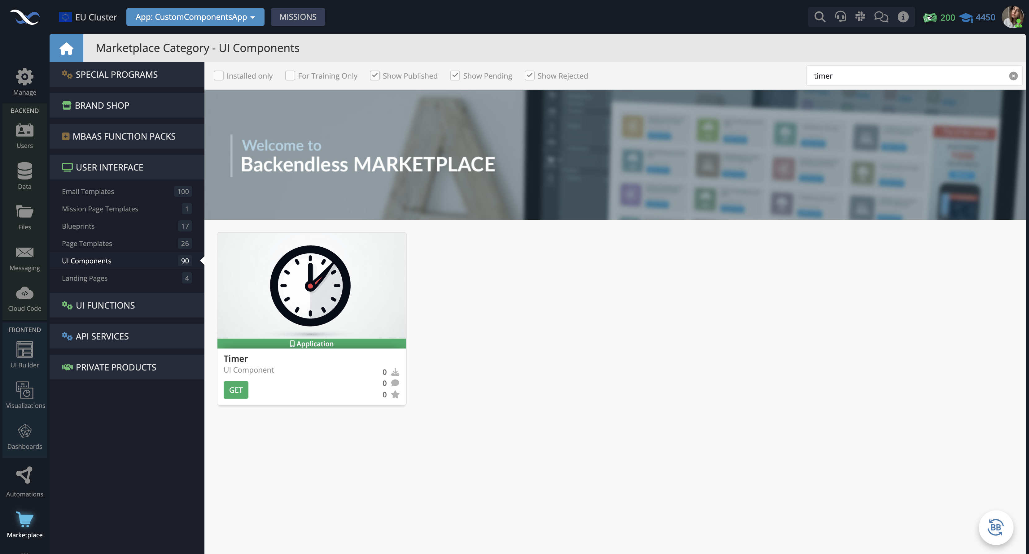 In your Backendless App, go to the Marketplace -> User Interface tab and install the Timer component