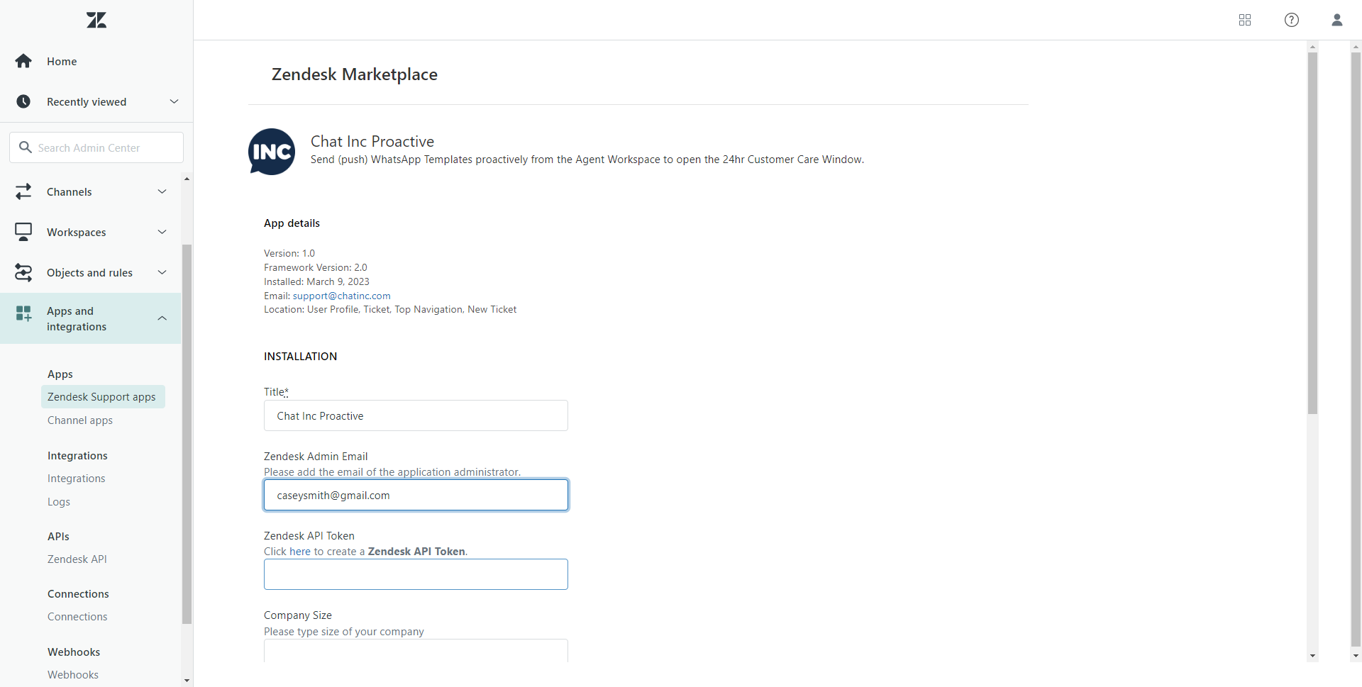 Fill in your Zendesk API Token