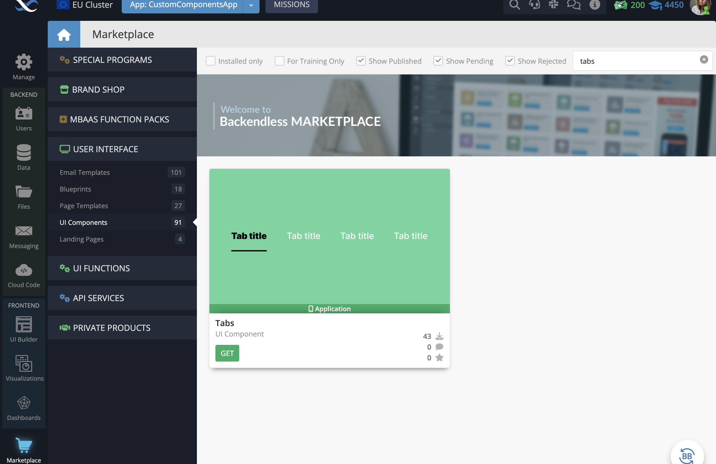 In your Backendless App, go to the Marketplace -> User Interface tab and install the Tabs component