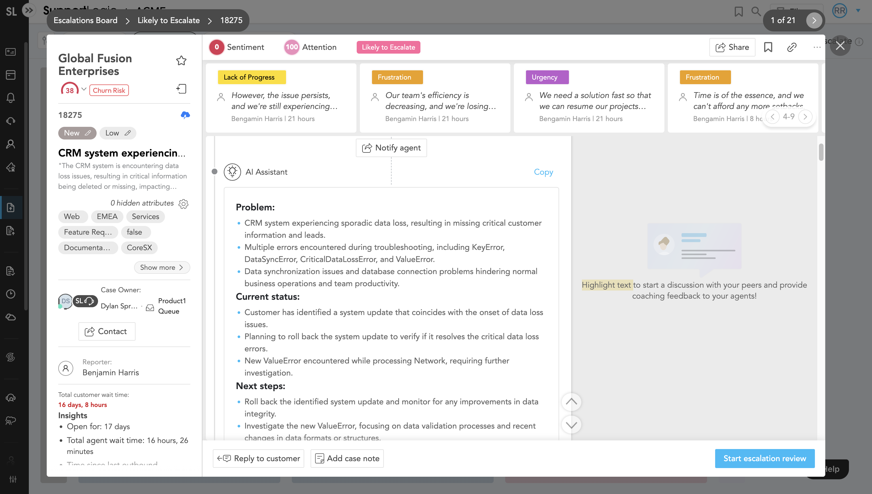 Here you can see every factor behind the prediction.

Escalation Agent is continuously monitoring every case in the queue for updates that may trigger a prediction.
