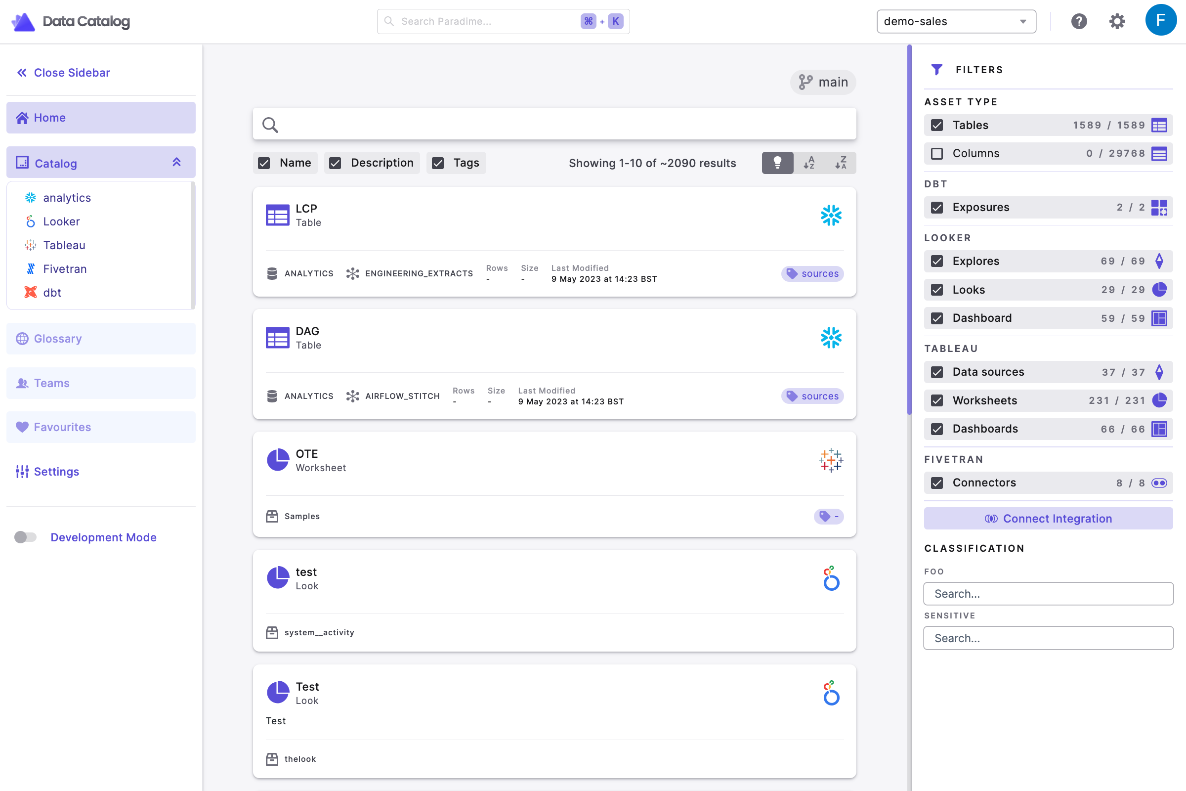 Use the search functionality to find any data asset in the paradime catalog. 