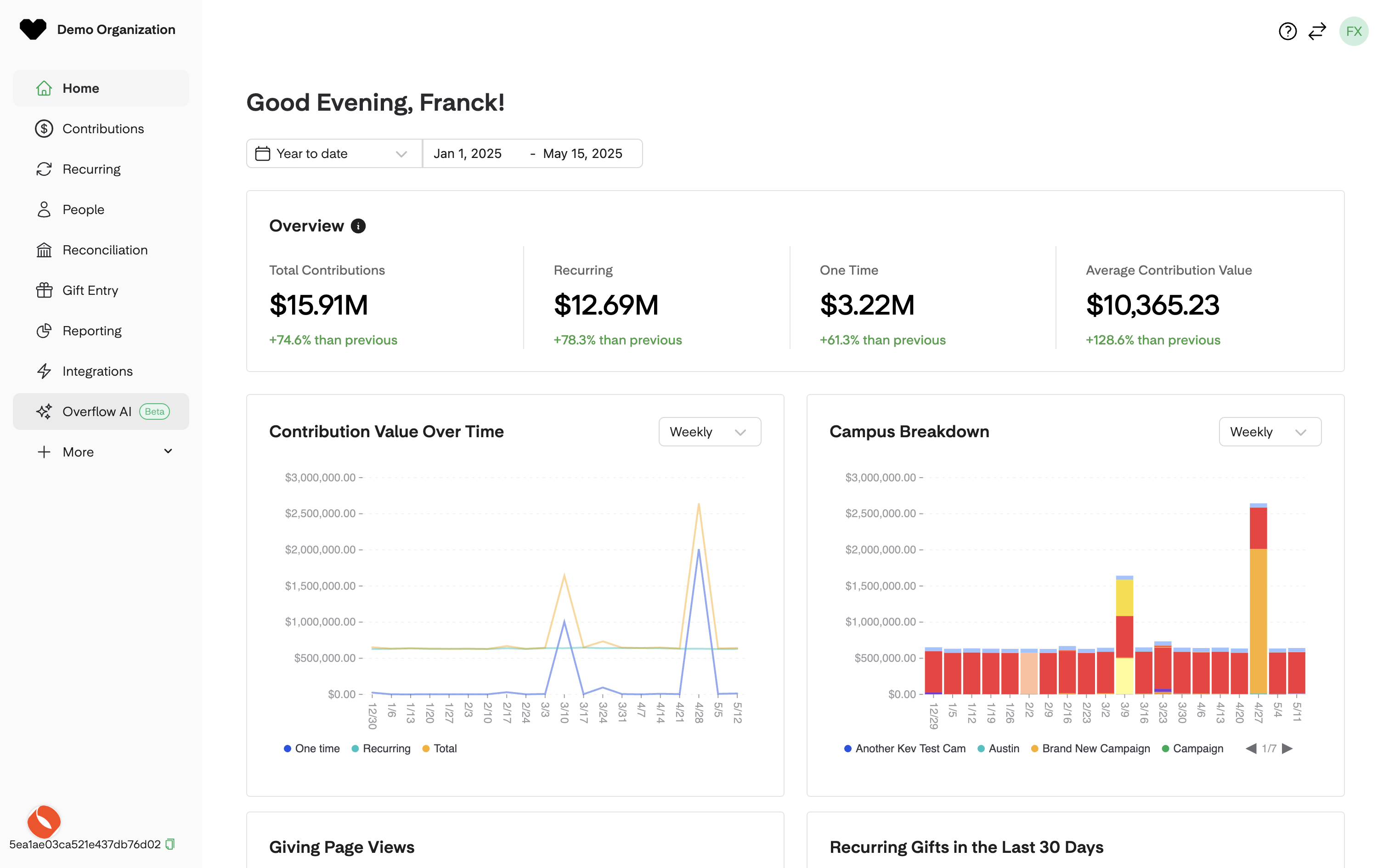 Click Overflow AI in the left menu to open your AI assistant. Ask questions about your giving data and get instant answers - right inside the dashboard you already use every day.