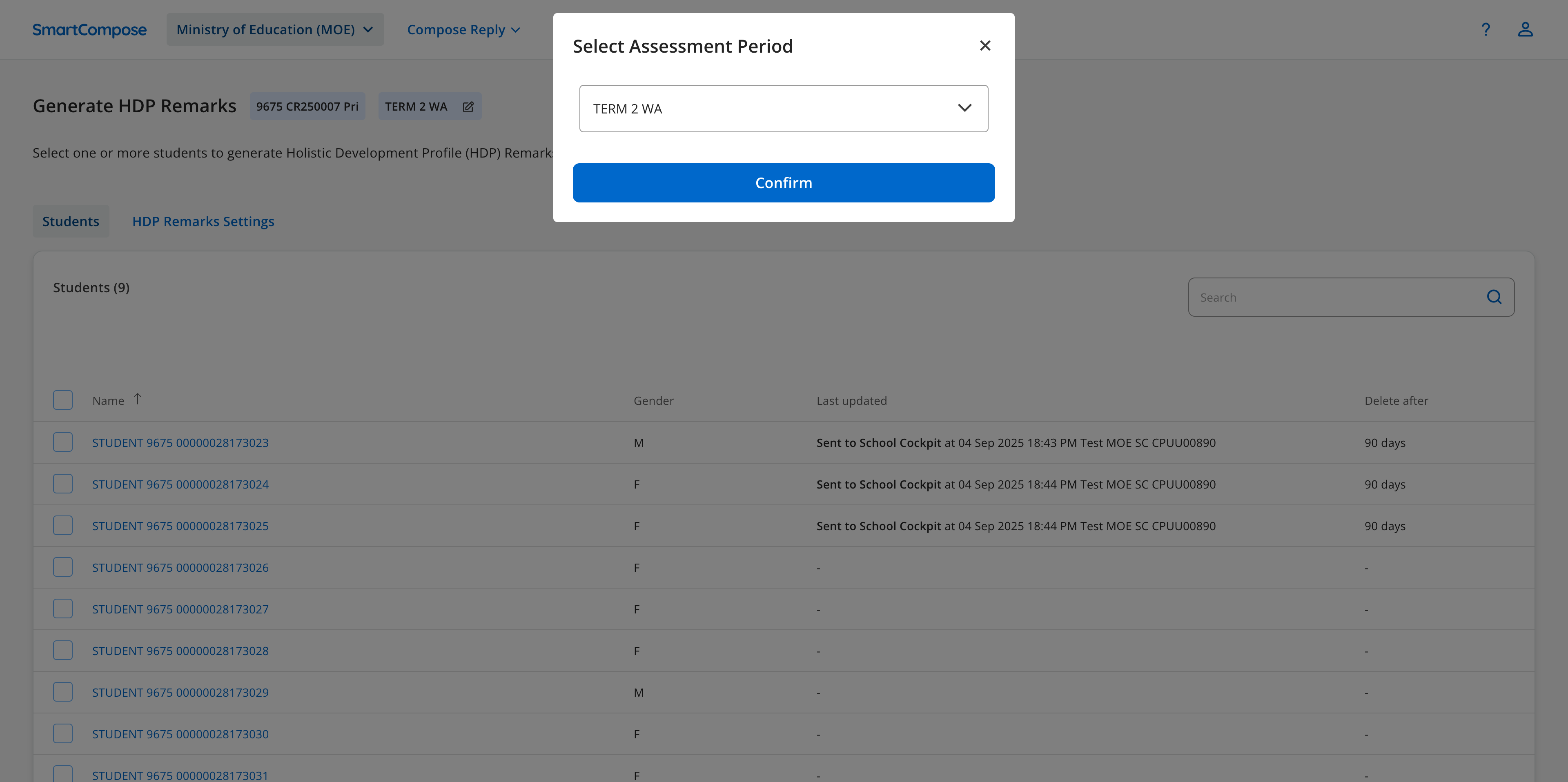 Open the dropdown to select the desired assessment period for generating student remarks.