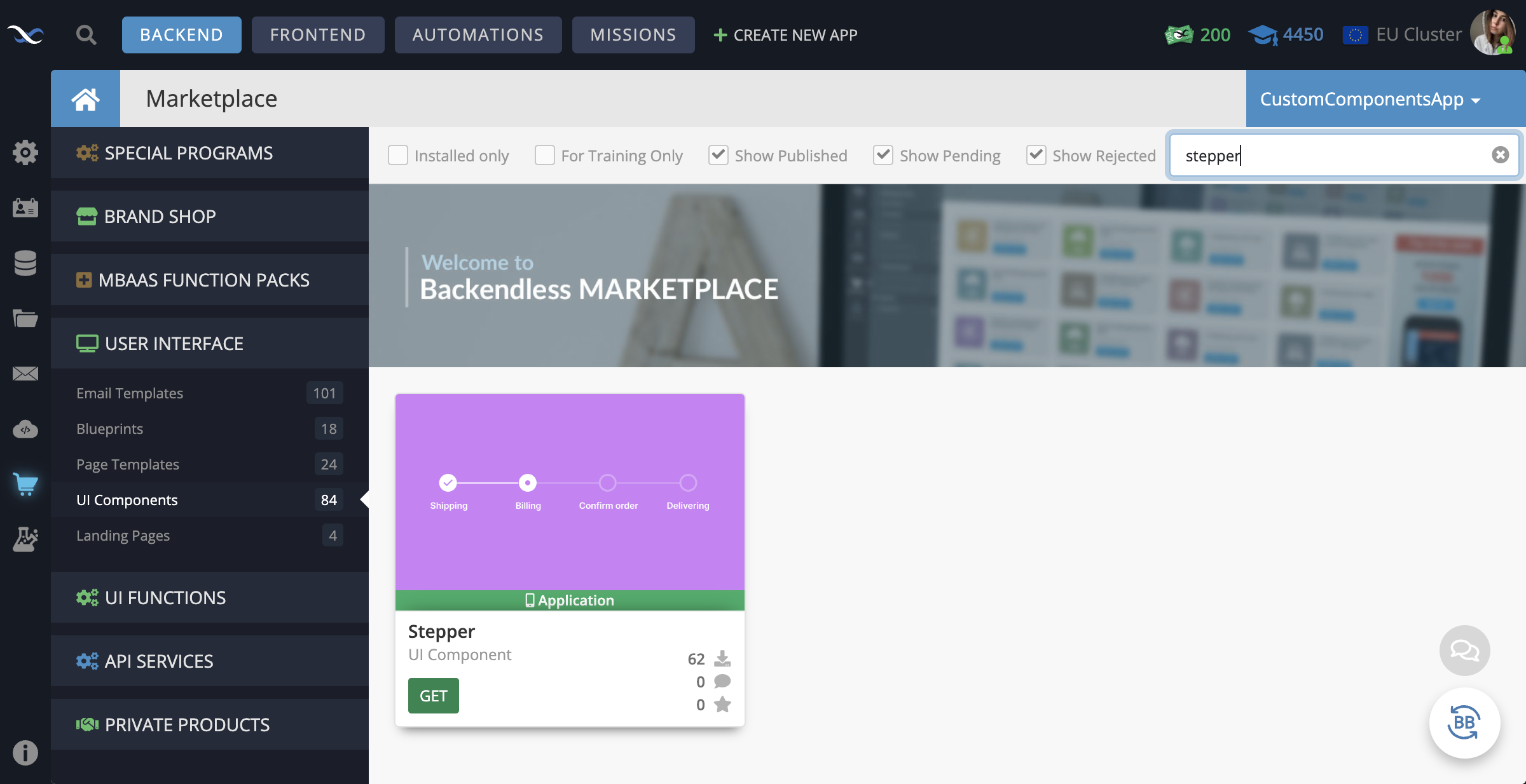 In your Backendless App, go to the Marketplace -> User Interface tab and install the Stepper component