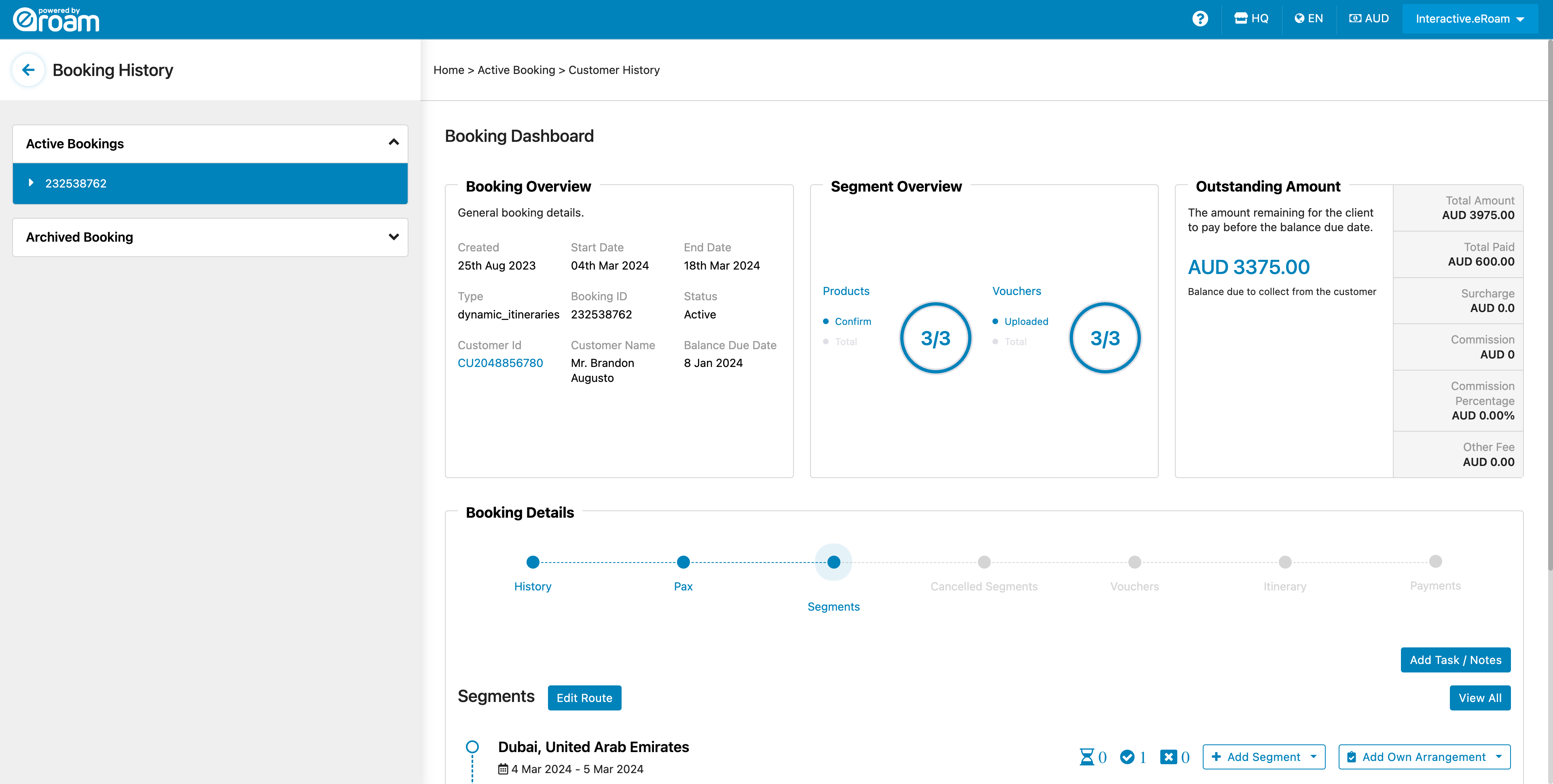 Within any tab of an active booking, choose 'Add Task / Notes'