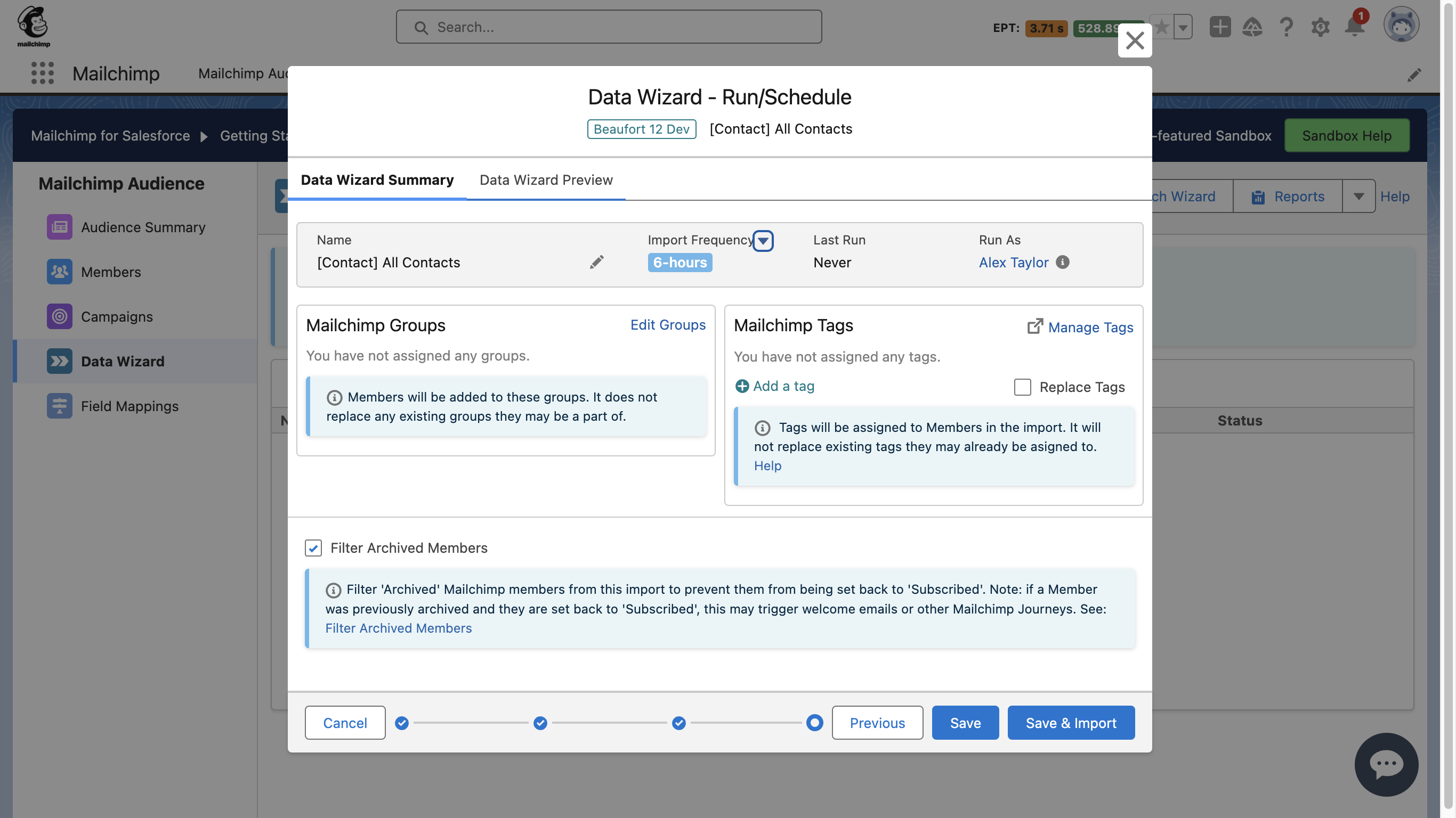 To preview which fields and records will be sent to Mailchimp click Data Wizard Preview.