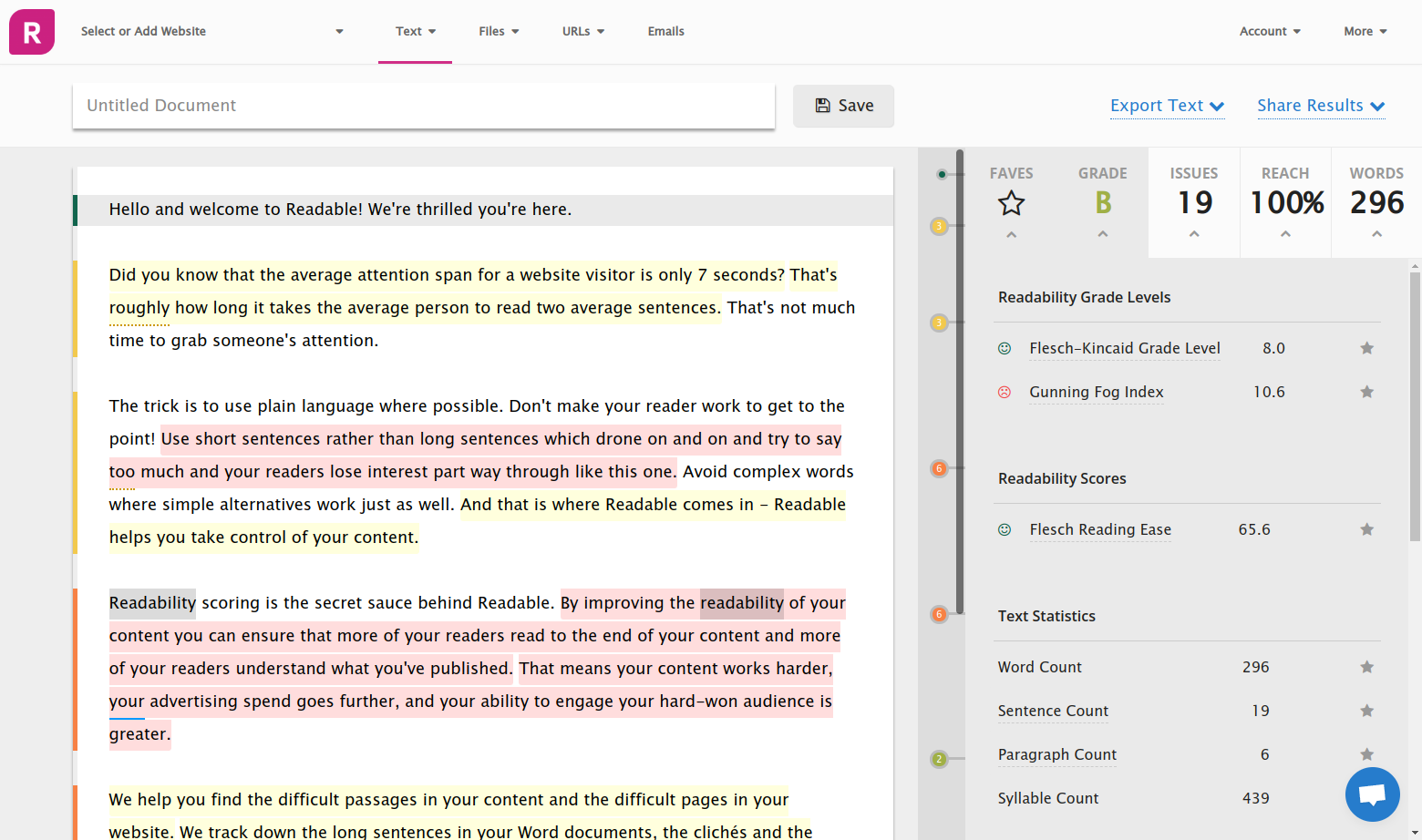 Oh dear, we're scoring a B! Let's make some changes, see if we can improve the readability of this piece.