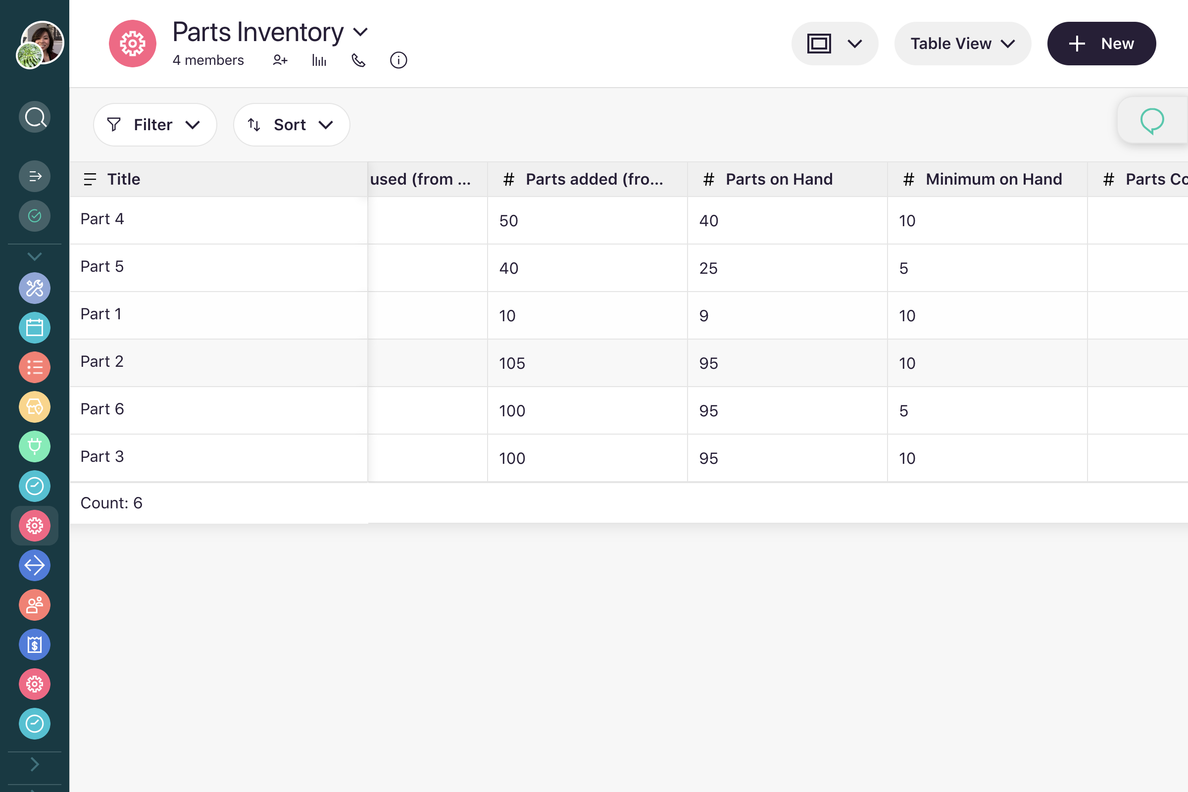 Inside the Parts Inventory workflow there is now a "Parts on Hand" field. This a calculation of "Parts Added" (from Restocked Parts) minus "Parts Used" (from Work Orders). 