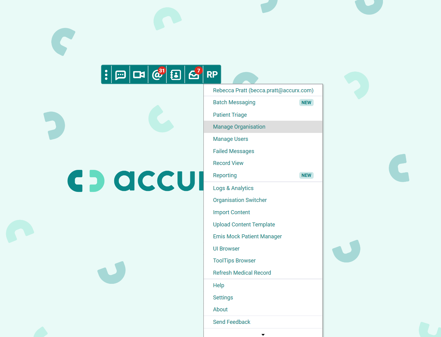 Click on your initials on the Accurx toolbar then Manage Orginisation