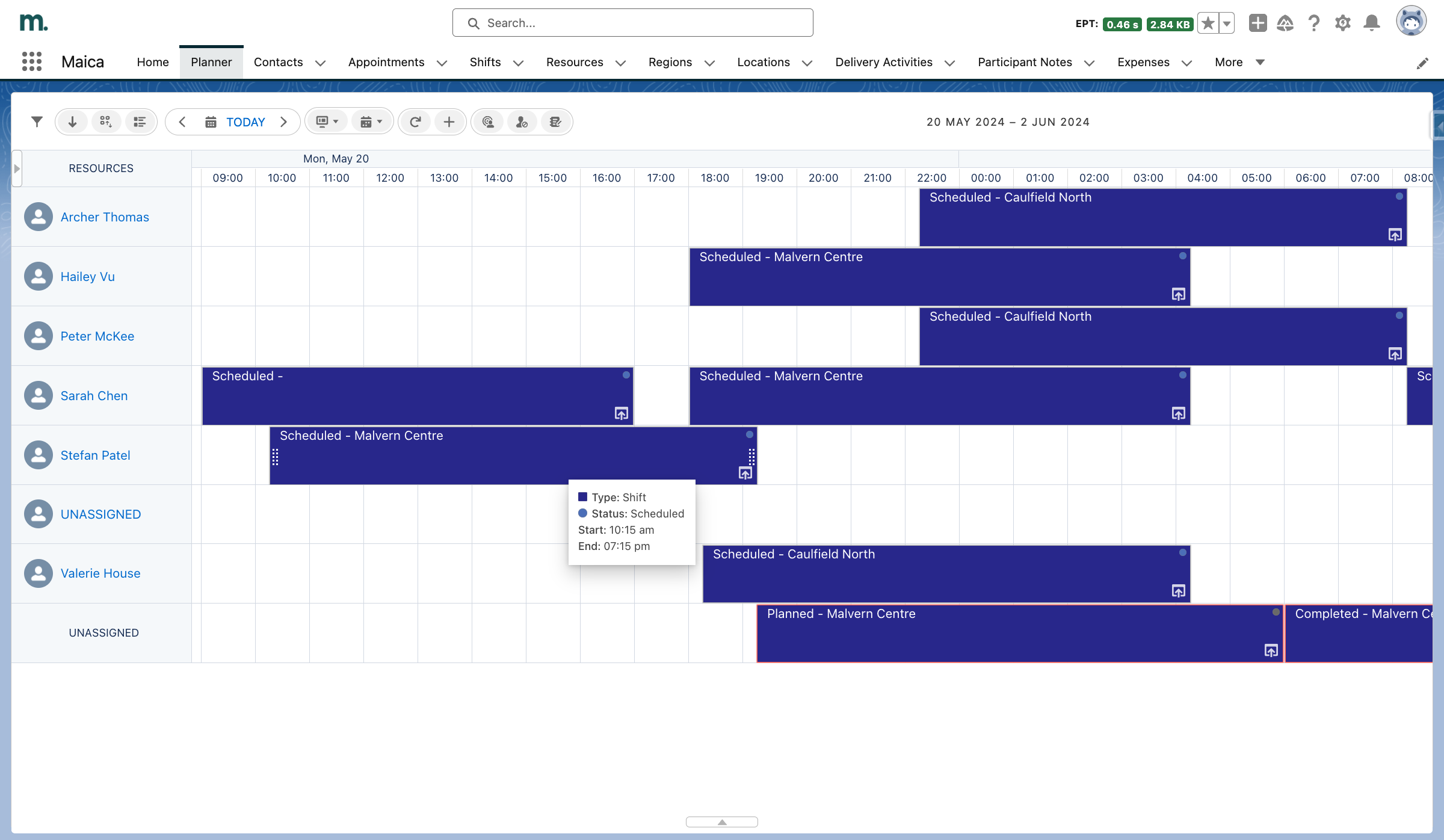 The Maica Planner showing all shifts to occur within a certain time period visually.