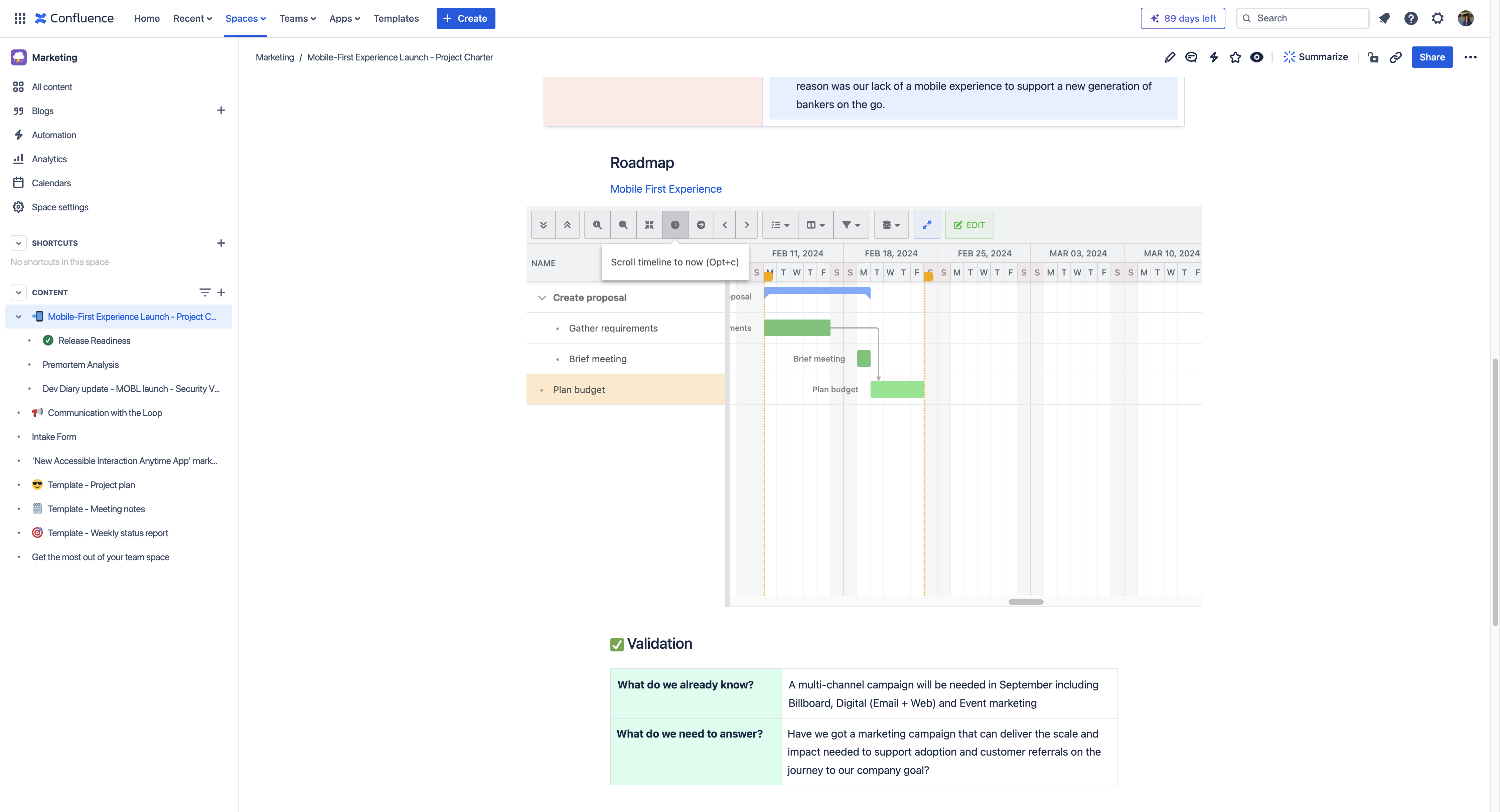 View your project timeline against the current date