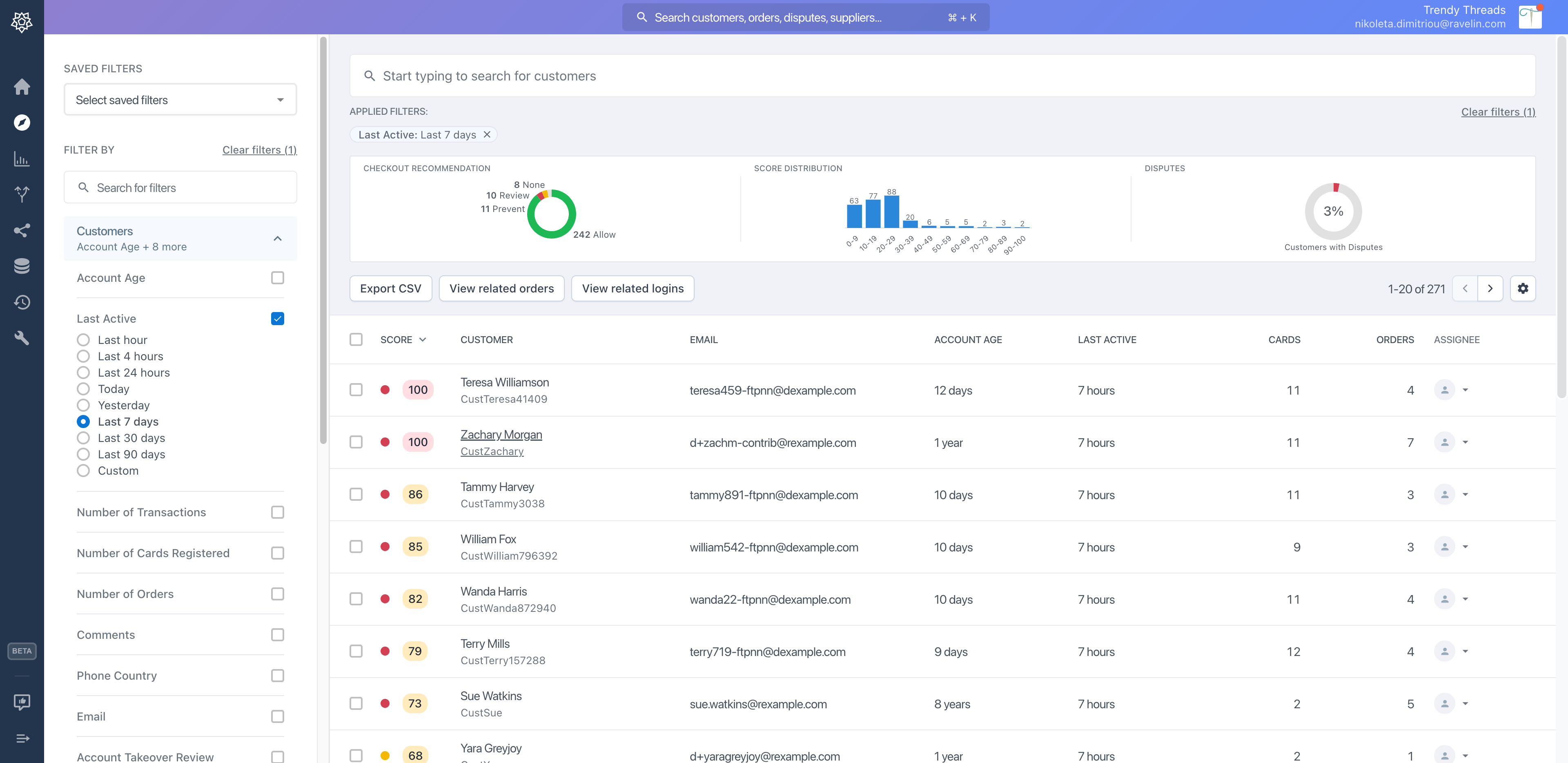 Every customer appears on this list, with the most recent at the top.

You can already see their fraud score on the left in this view. 

Let's take a closer look at Zachary Morgan.