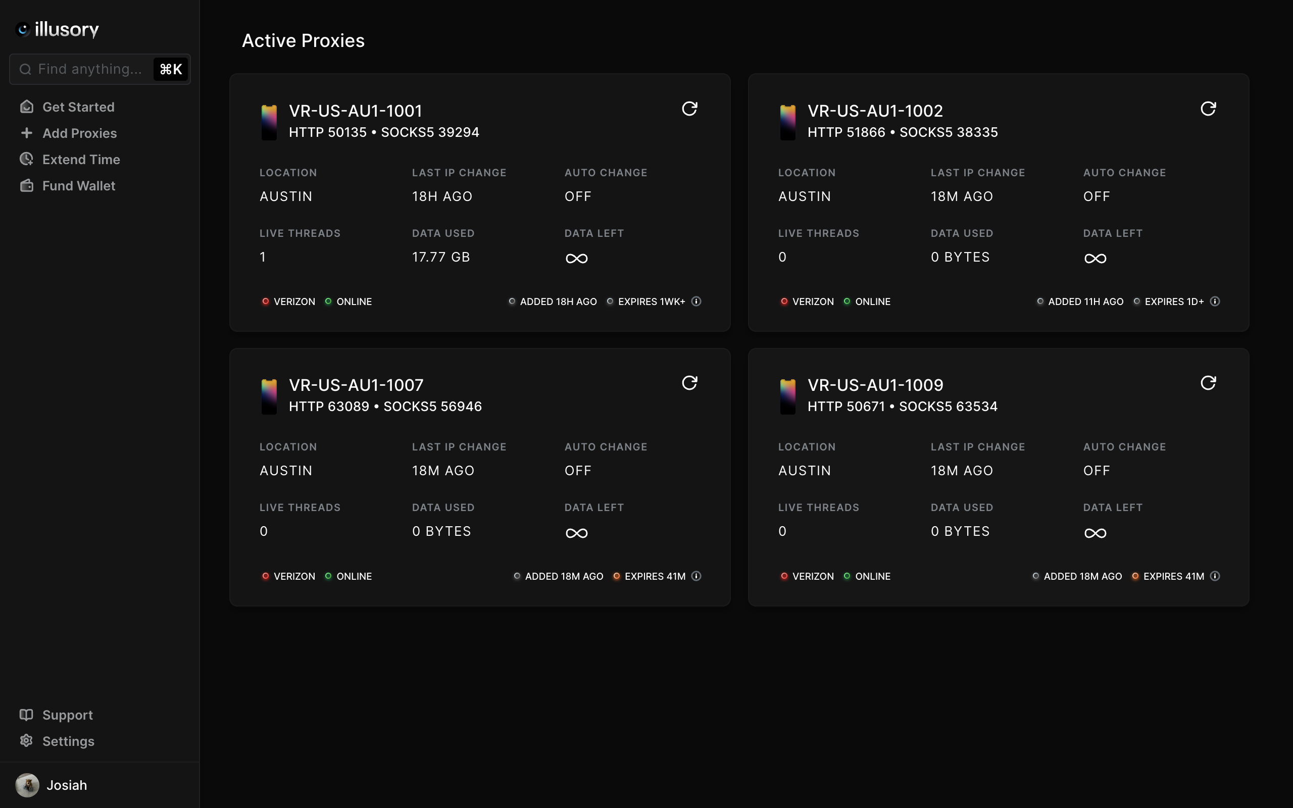 Each "Proxy Card" indicates whether auto change is on or off.