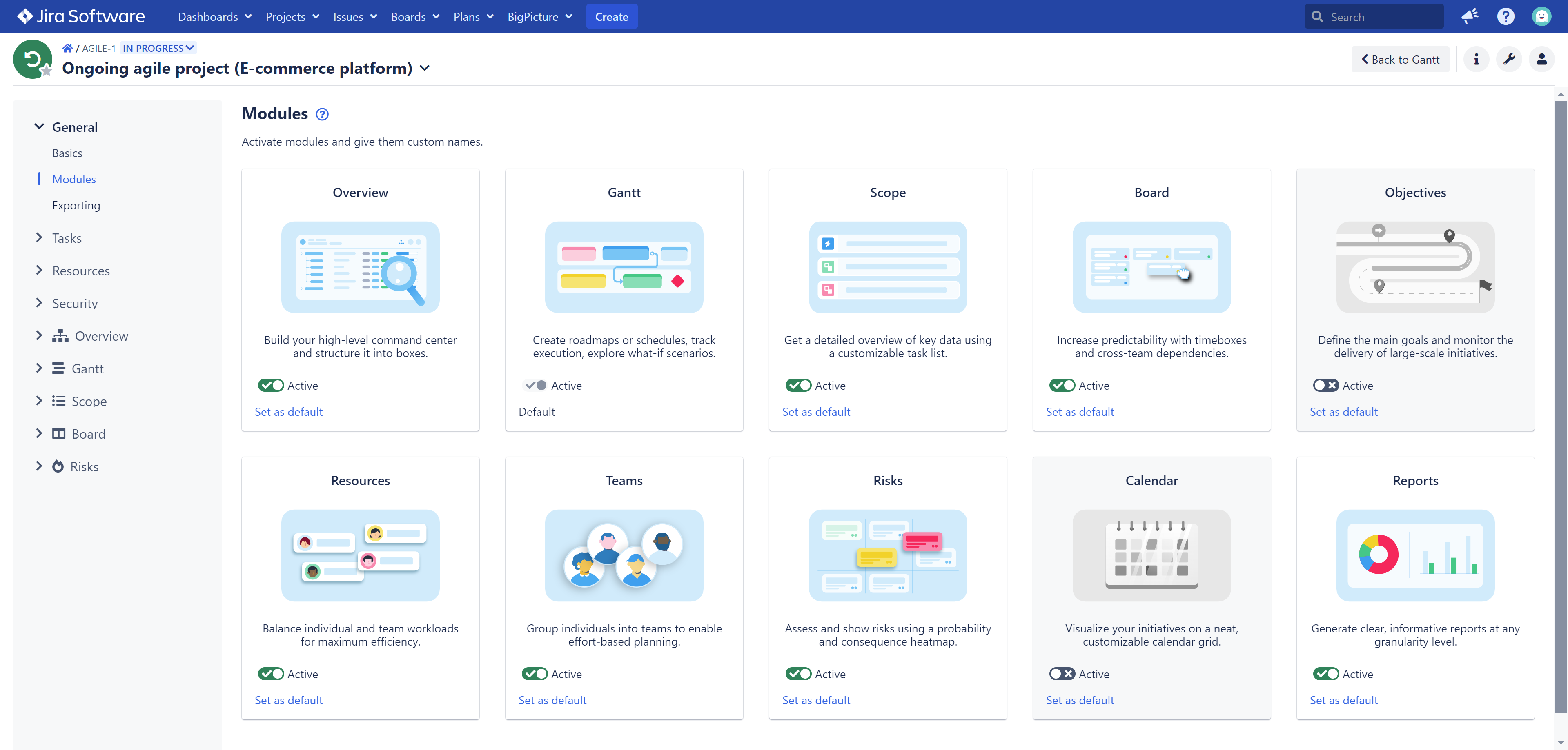 On the **Modules** page, you enable and disable modules and set a default one.