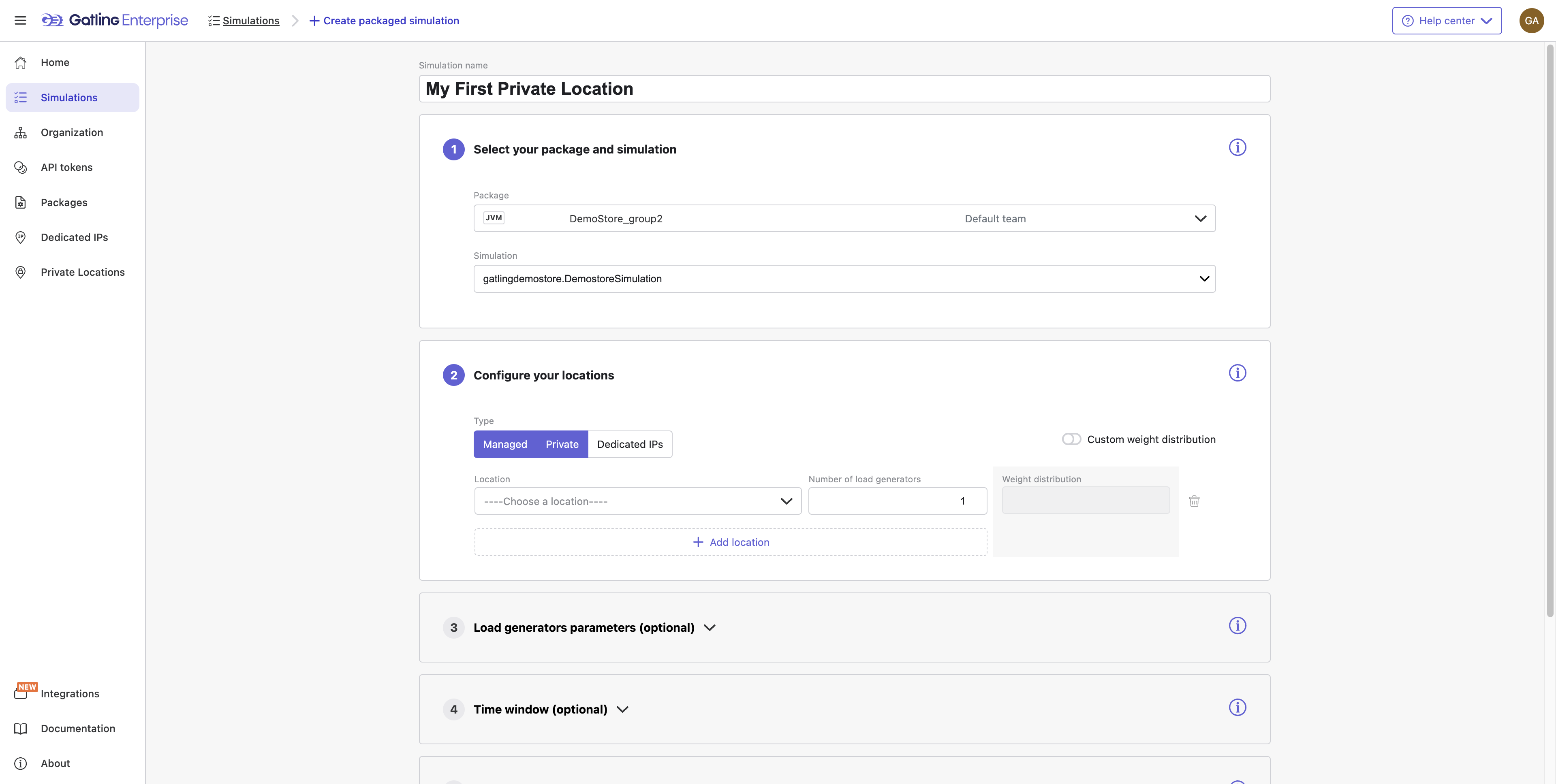 Select the Private Locations tab to pick from your self-mangaged load generators.