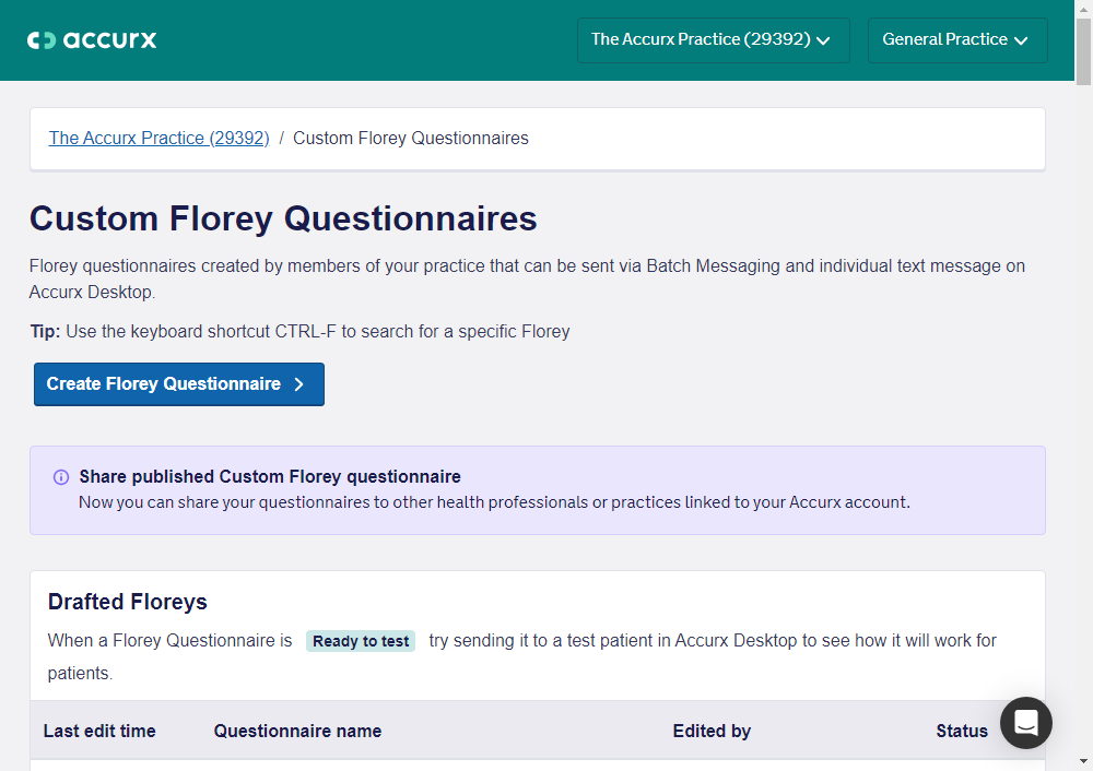  On the Custom Florey Questionnaires page, scroll down to see your 'Published Floreys'.