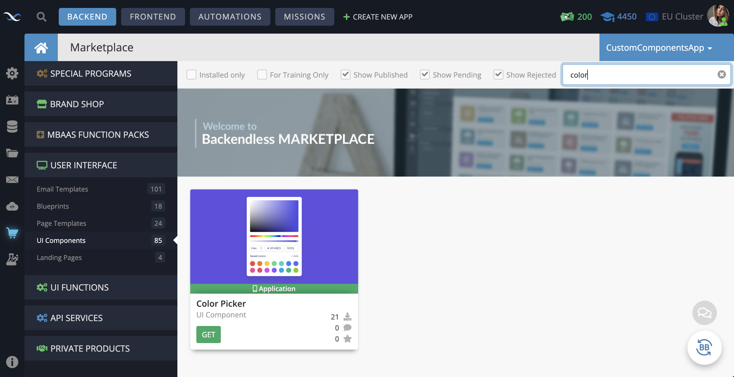 In your Backendless App, go to the Marketplace -> User Interface tab and install the Color Picker component