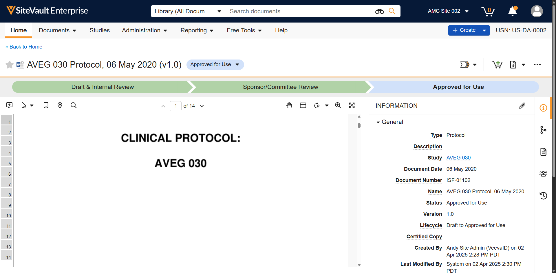 Select the document **Worklow Actions** menu
