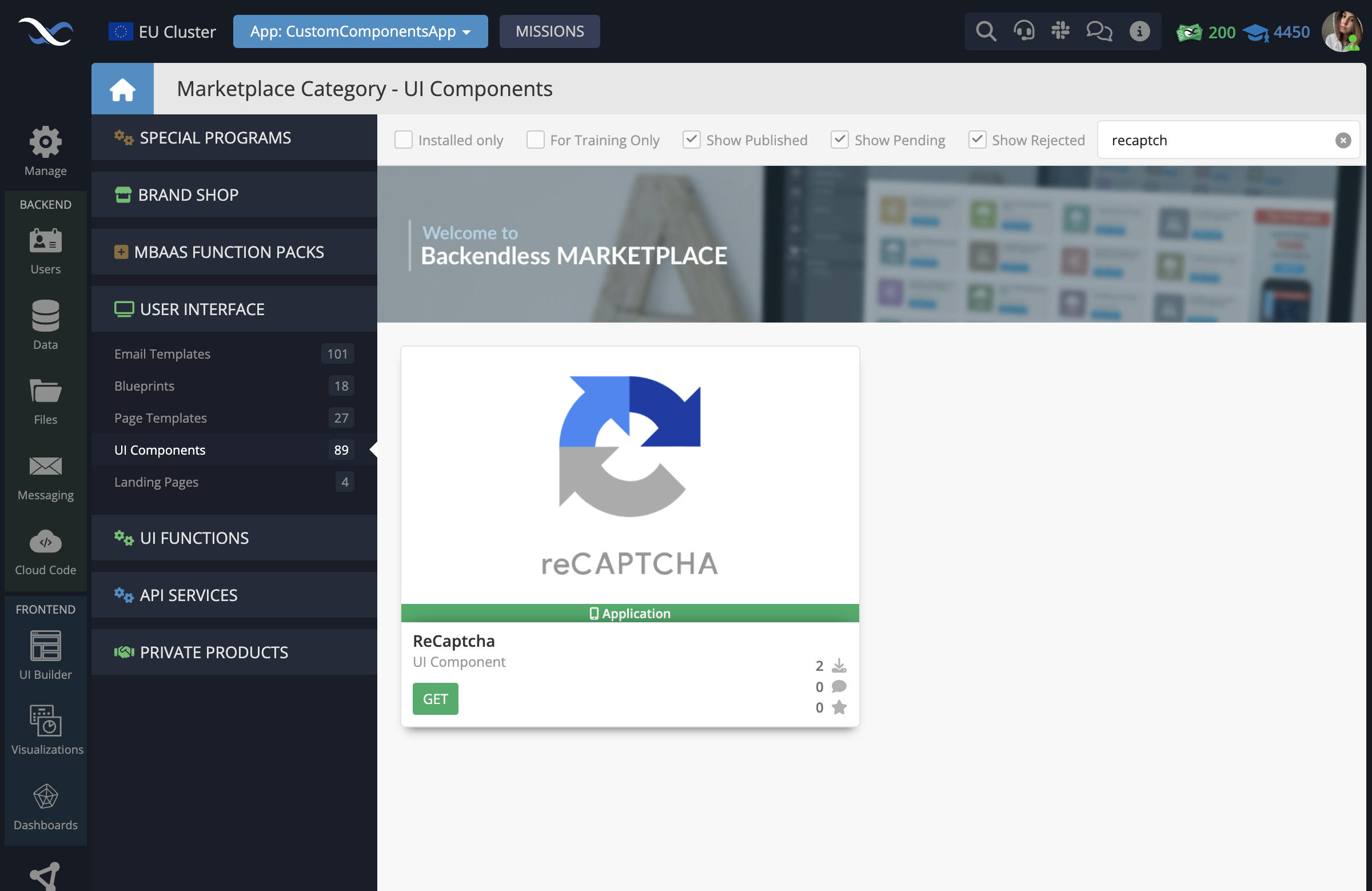 In your Backendless App, go to the Marketplace -> User Interface tab and install the reCaptcha component