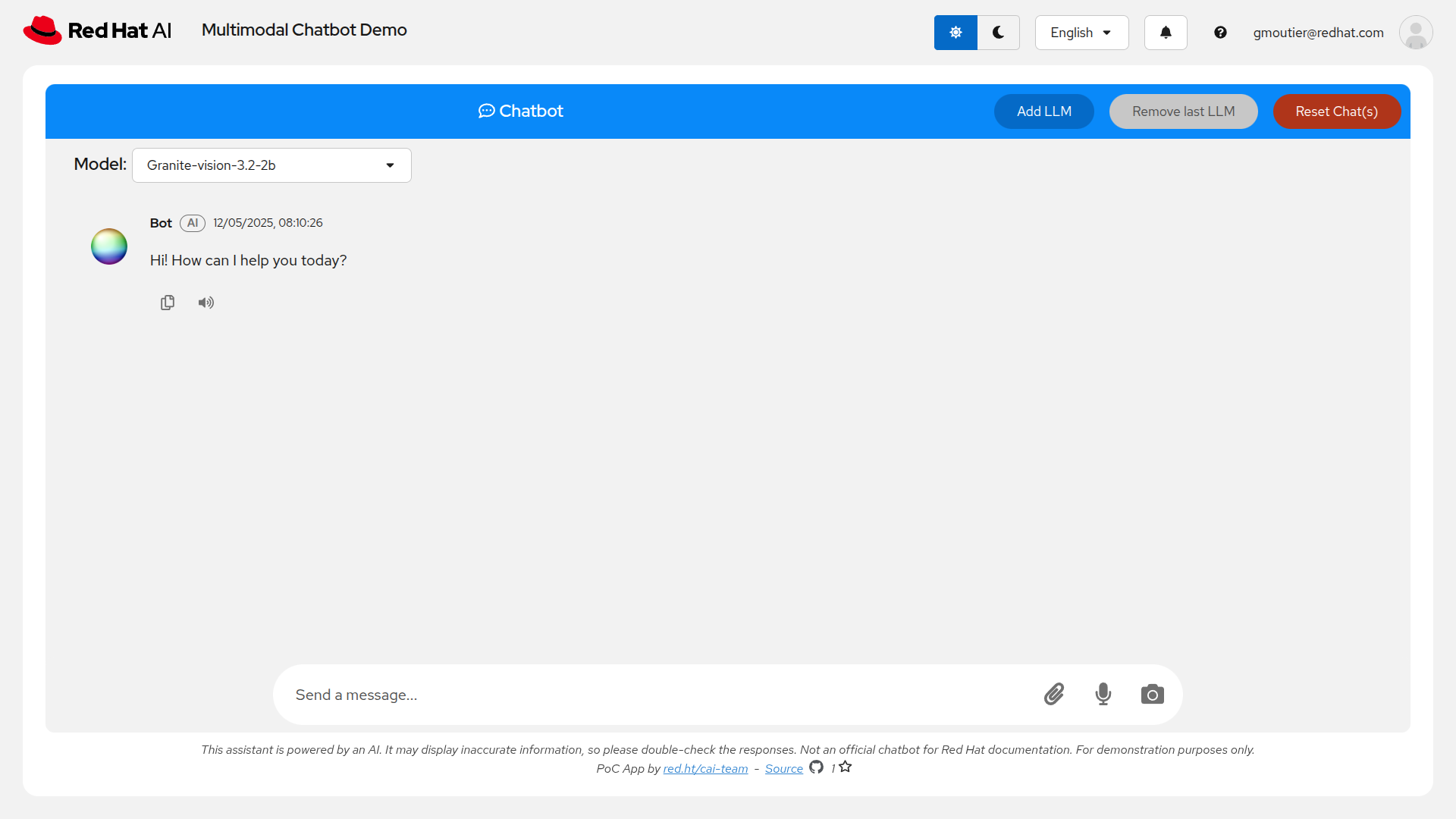 We are going to explore how **Vision Models** served with **Red Hat AI** can power a **Multimodal Chatbot**.
Click to continue!