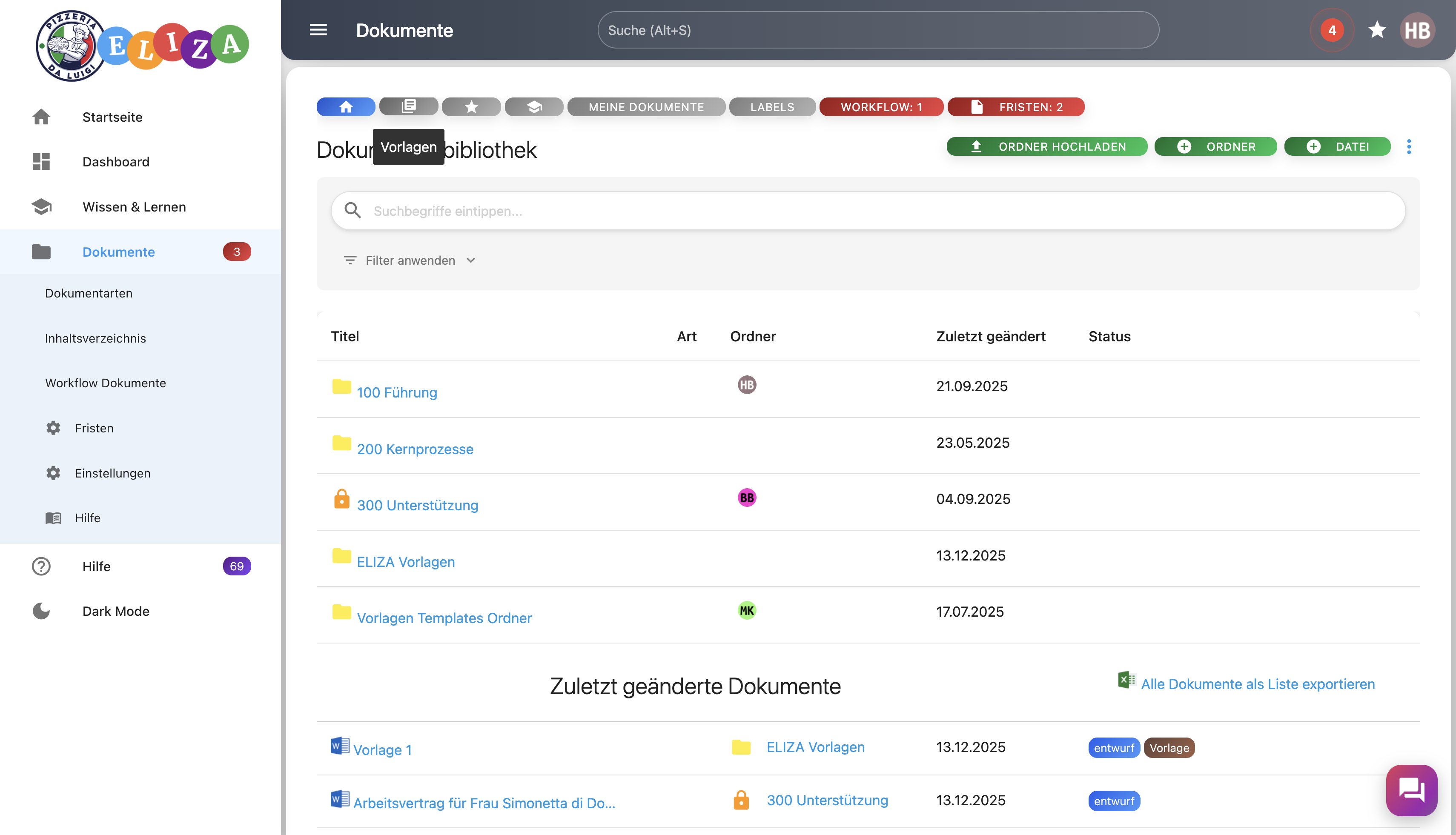 Wählen Sie die Registerkarte Vorlagen, um den Überblick über Ihre Unternehmensdokumente zu behalten.