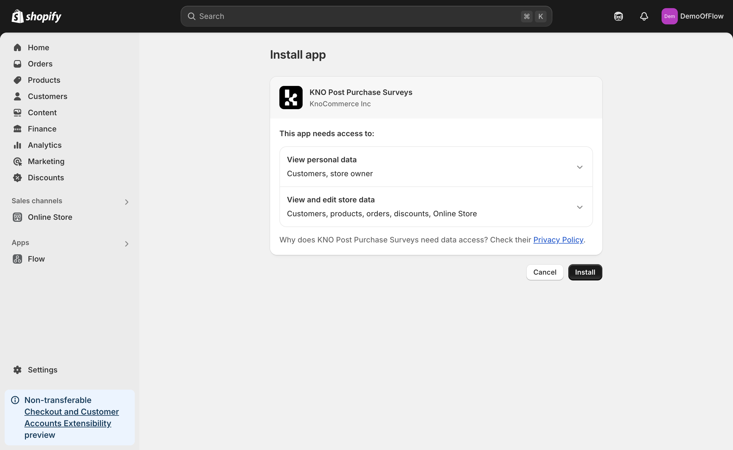 You'll be redirected to Shopify. Approve these access permissions by clicking "Install"