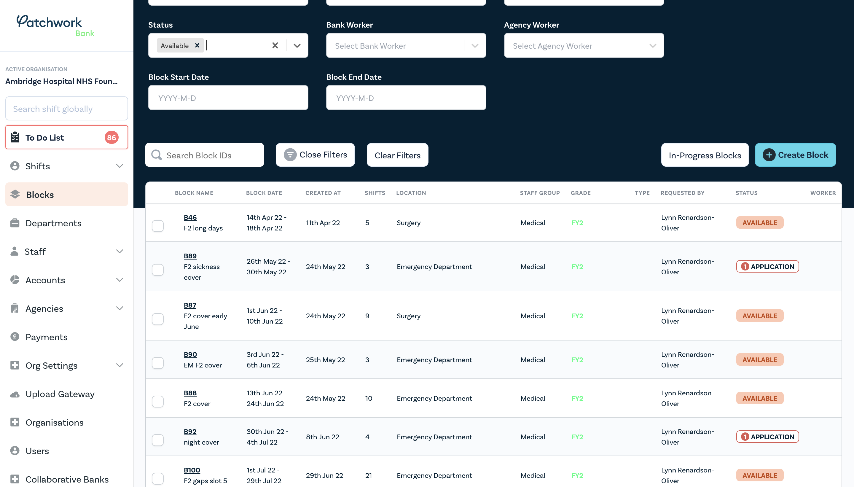 Filter by status to view blocks that are currently available to workers.