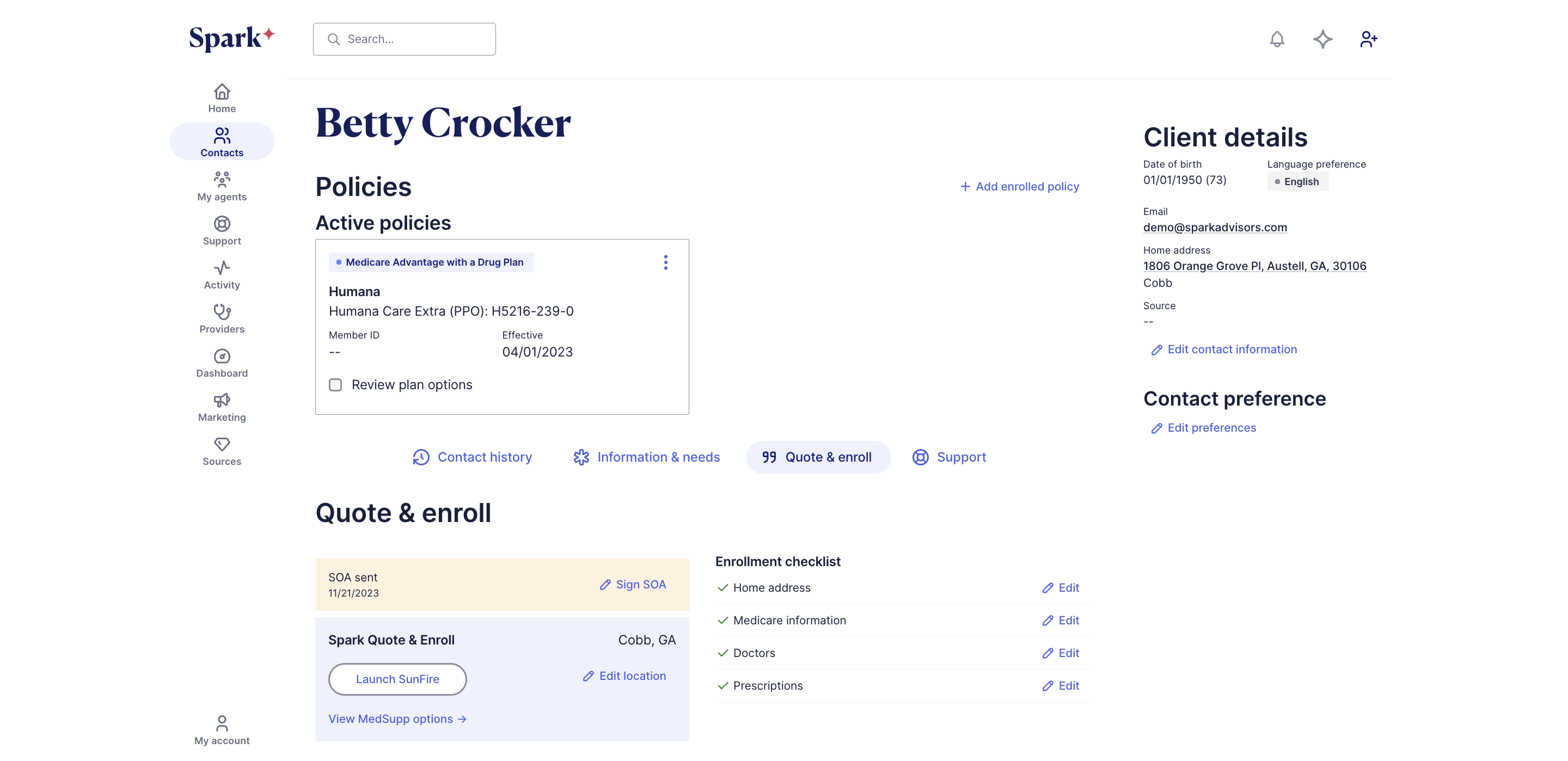 Access Spark Quote and Enroll at an access point in each contact's page in your Spark platform account.