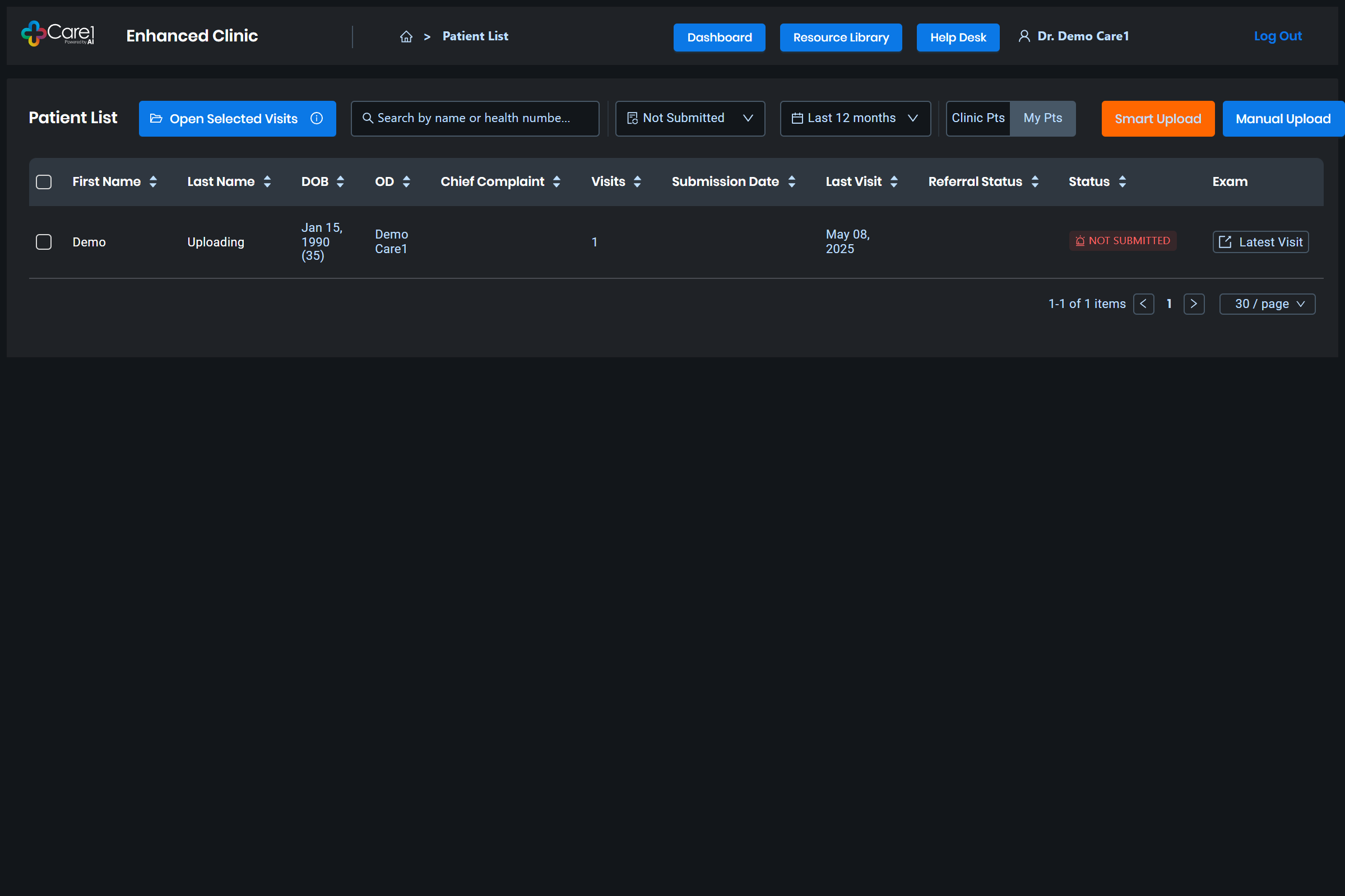 This is the Care1 Dashboard  - you can search for patients and upload new patient visits.
