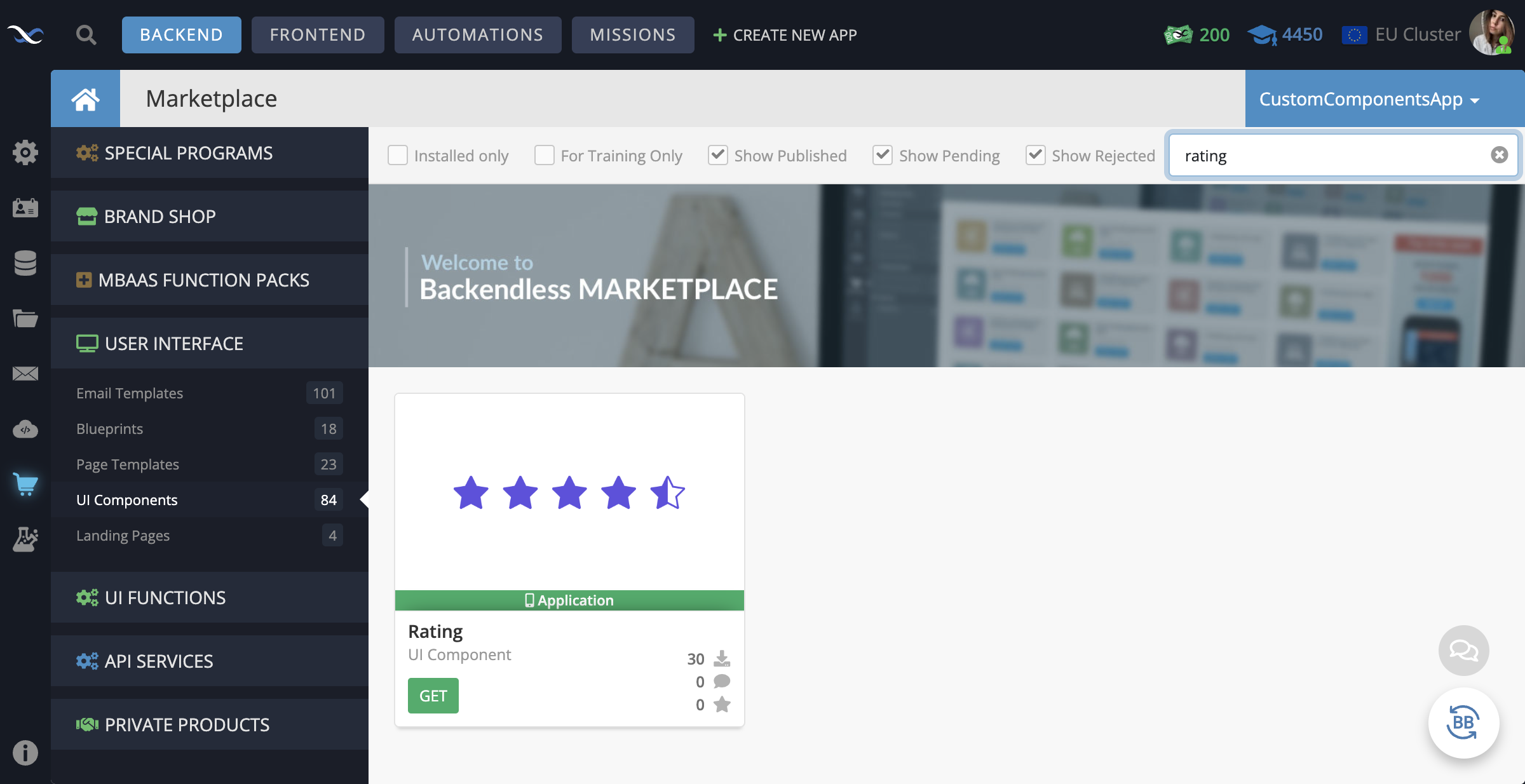 In your Backendless App, go to the Marketplace -> User Interface tab and install the Rating component