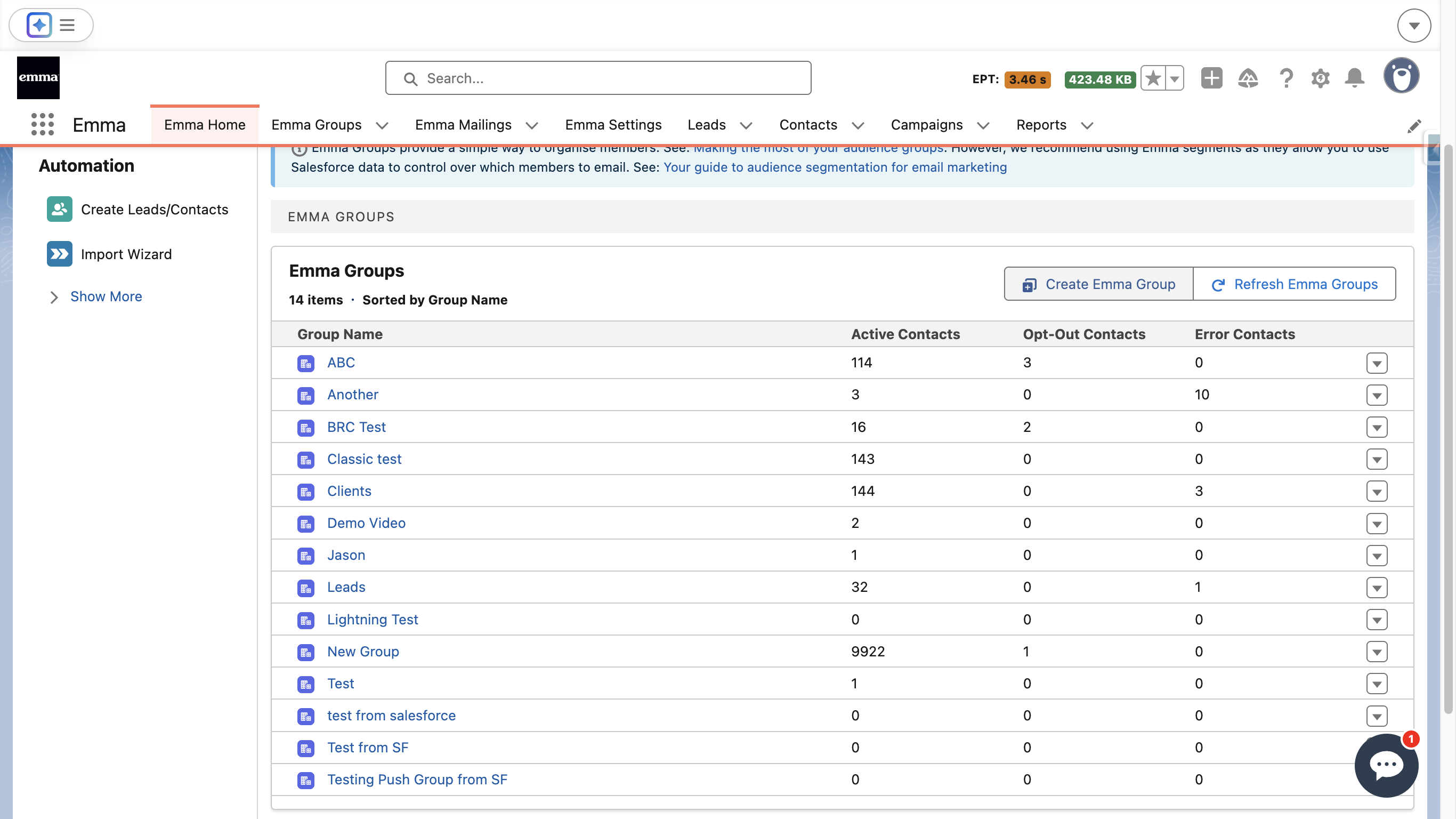 You can create New Emma Groups right from Salesforce.