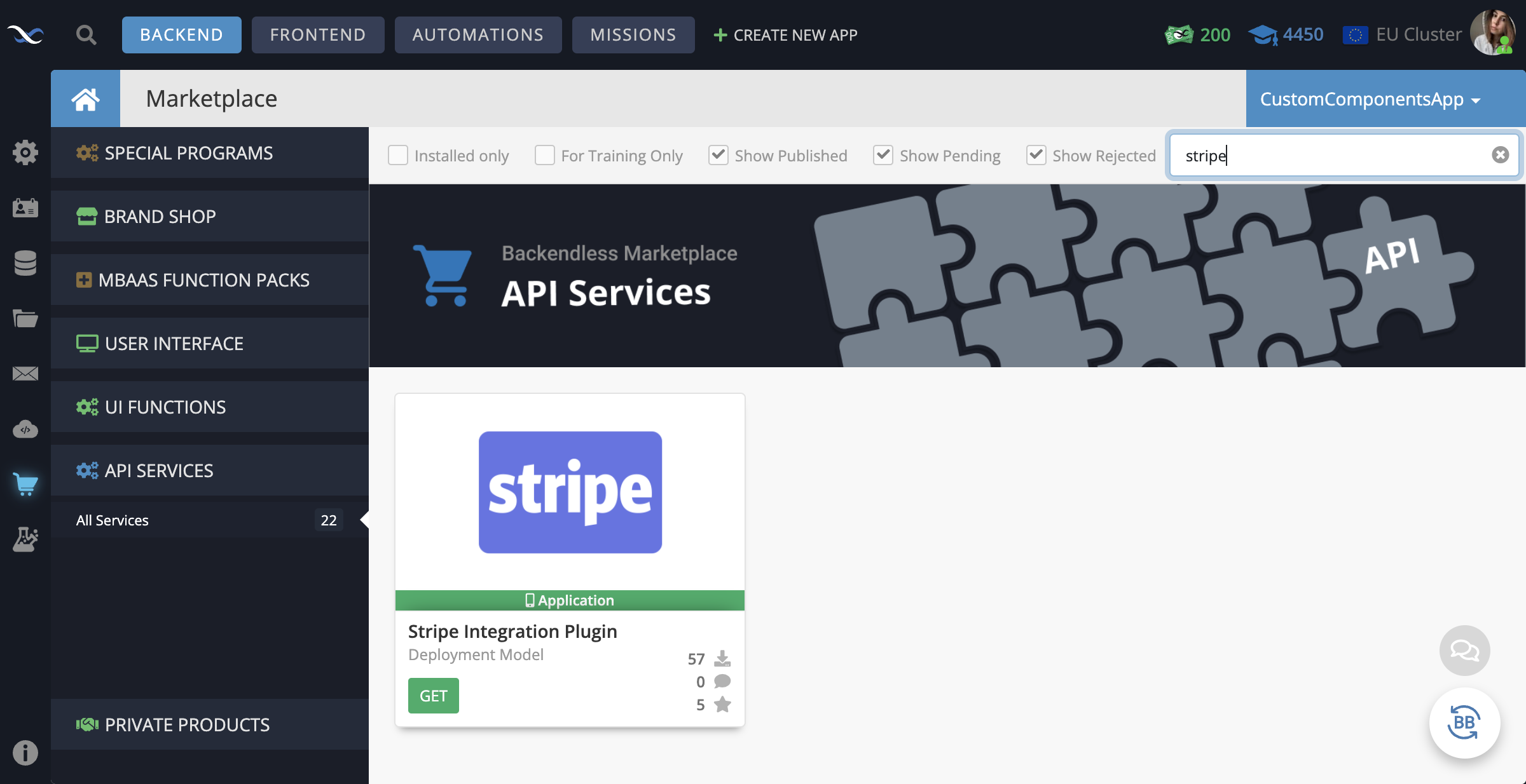 Before adding the component to the page, open the Marketplace screen and install the Stripe Integration Plugin (it is available under the All Services menu)