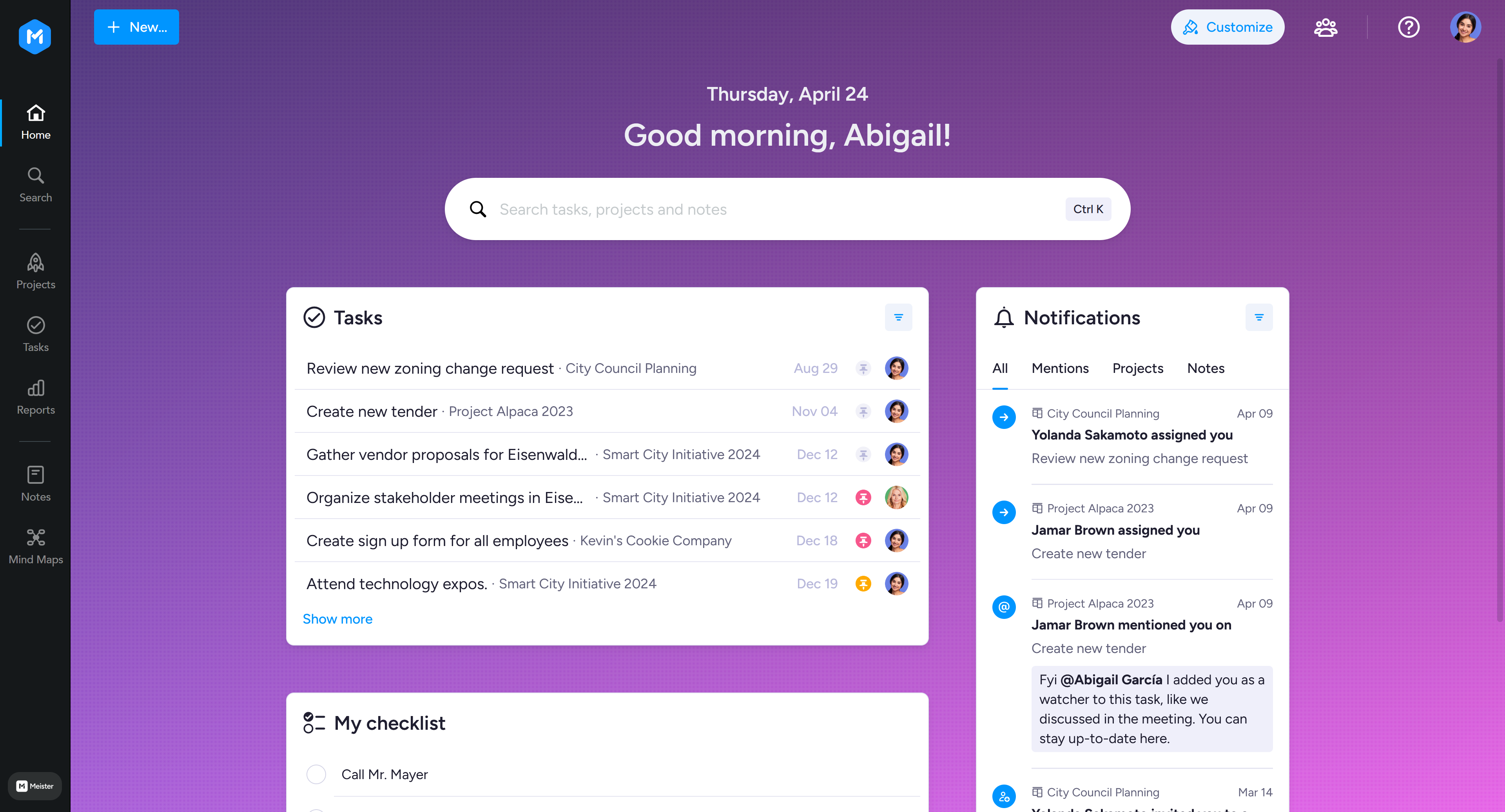 **Find your focus**
See all your assigned (and pinned) tasks, sorted by due date. Instantly know what needs your attention.