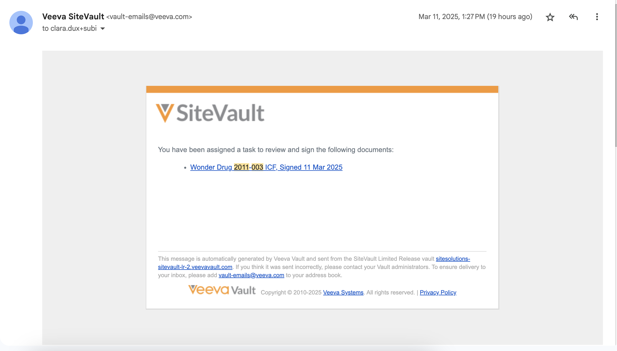 If logged out of 
SiteVault, follow 
this email link to 
countersign the 
eConsent. 