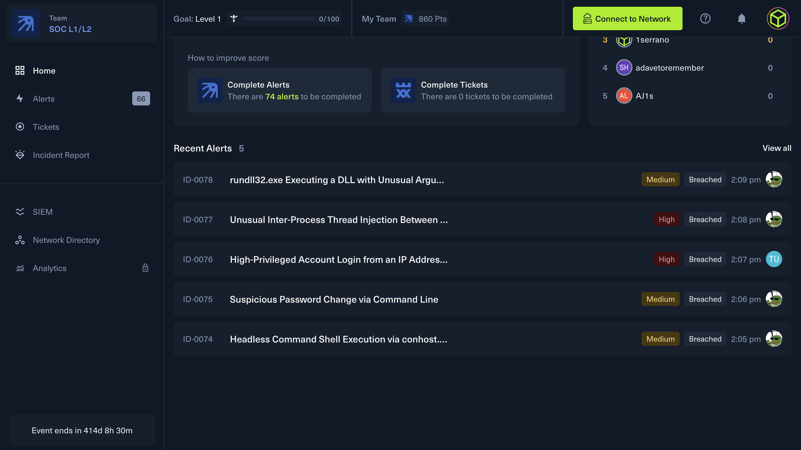 Once the exercise begins, alerts will start flowing in for your SOC role to handle.