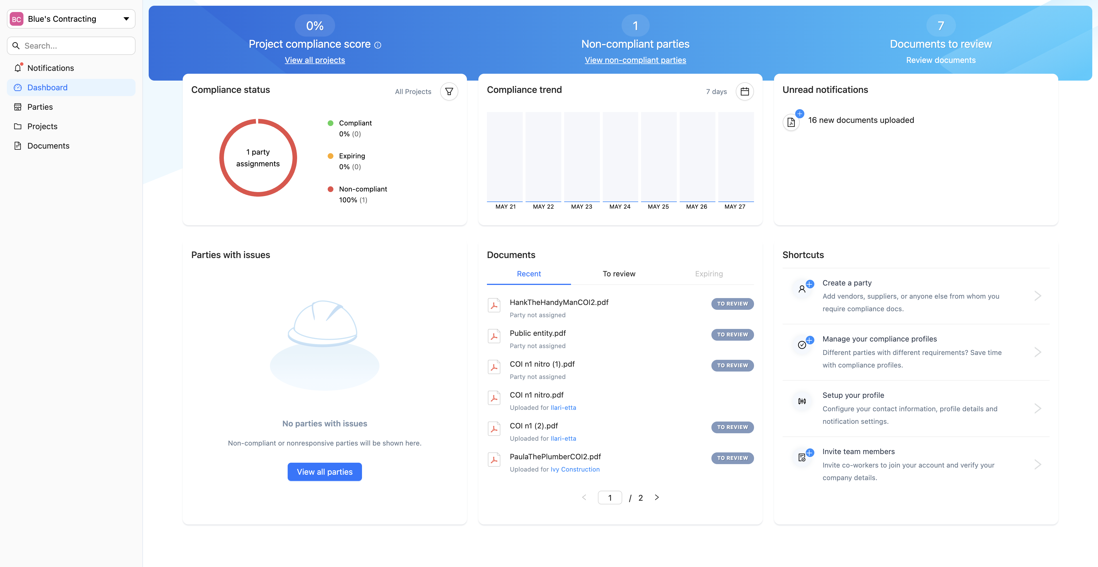 You can start a review from 3 locations:

- **Dashboard**  Review Documents (shows *all pending* reviews)