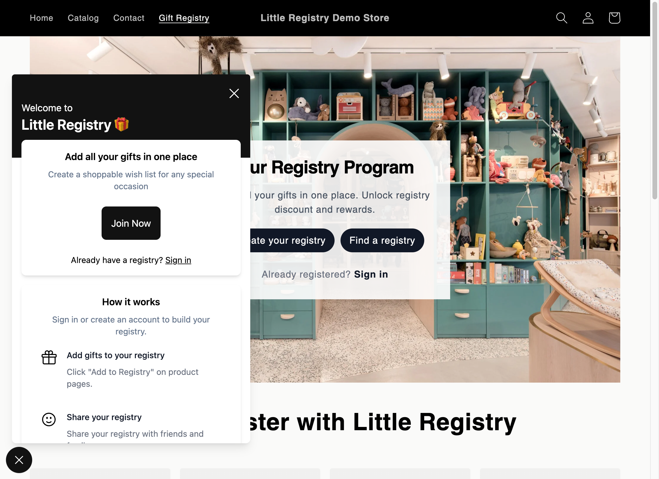 When customers click "Create your registry", we open up the registry management widget and prompt them to sign up for a user account.