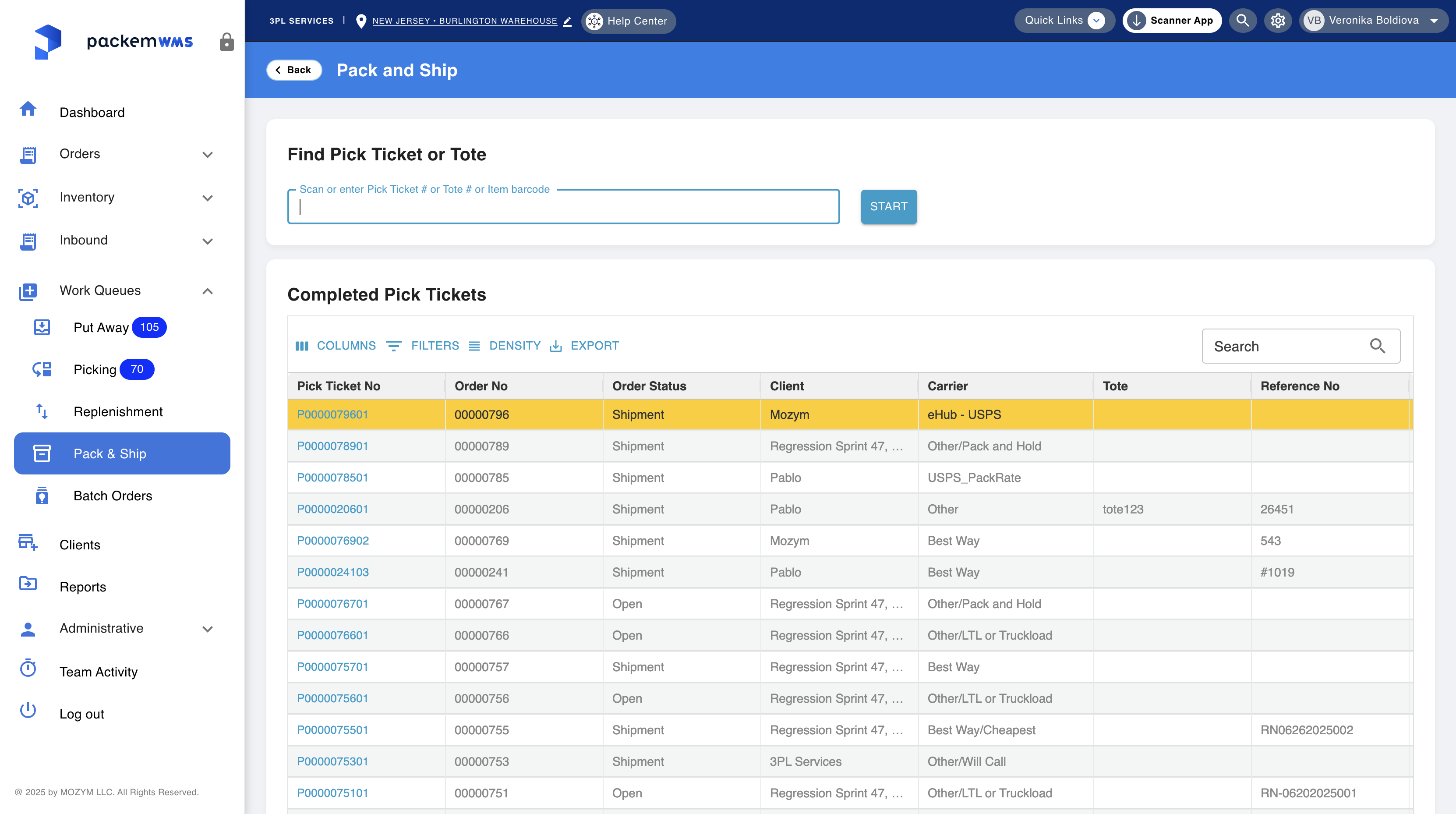 Head over to Work Queues, then select Pack and Ship. This screen shows you all completed orders ready for packing.