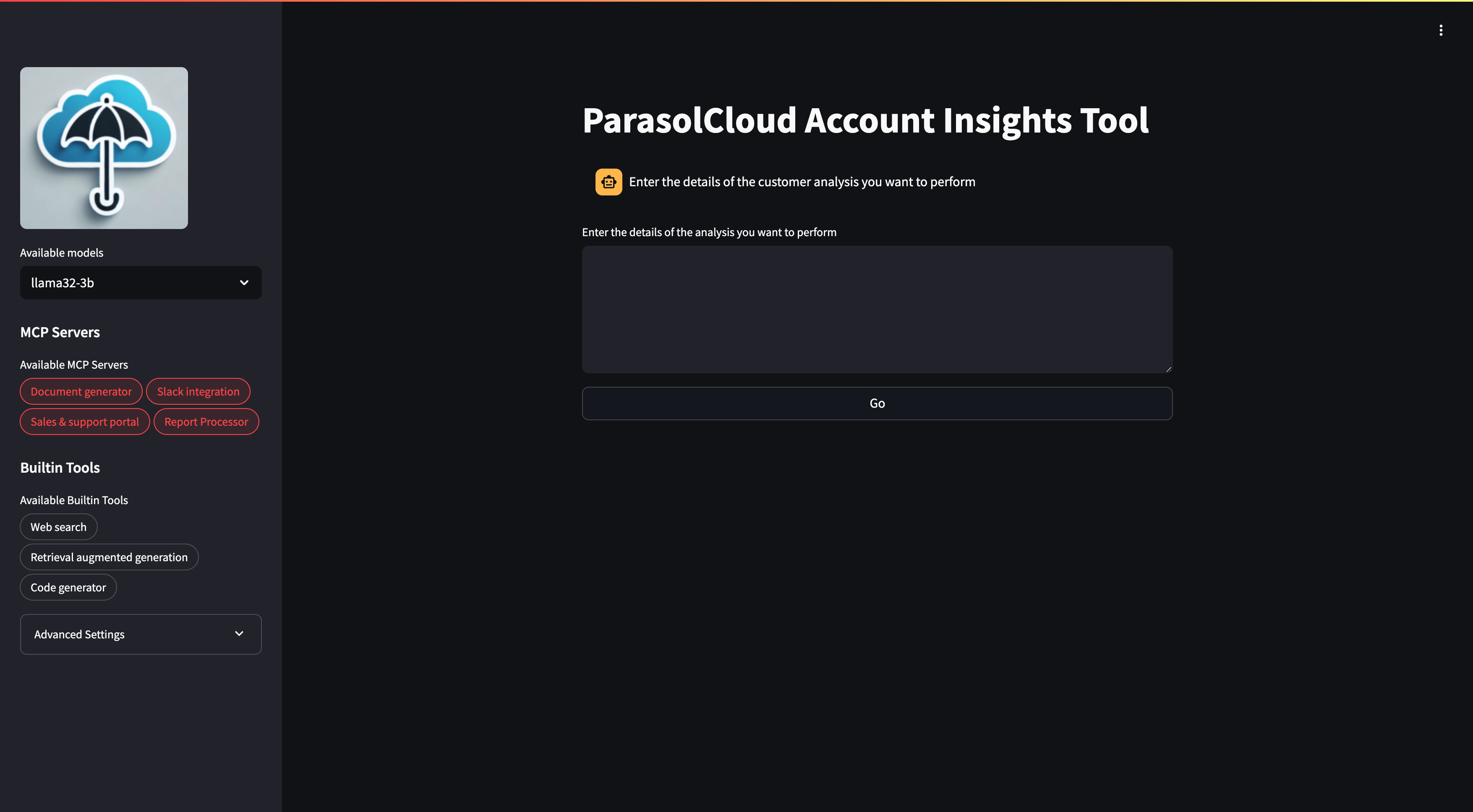 Start by entering specific details for your customer analysis task to leverage ParasolCloud's powerful insights.