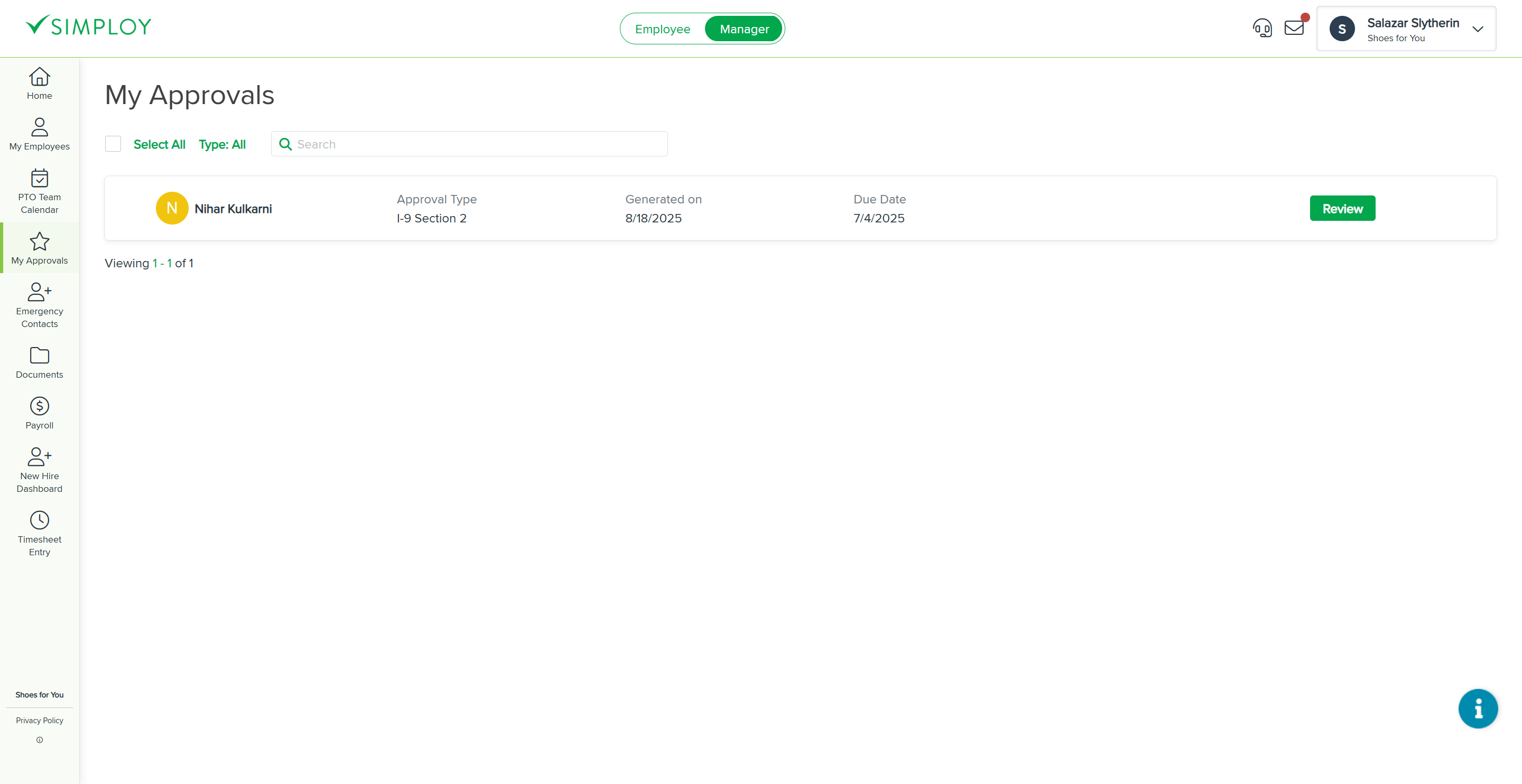 Select an approval request to begin the I-9 review process.
