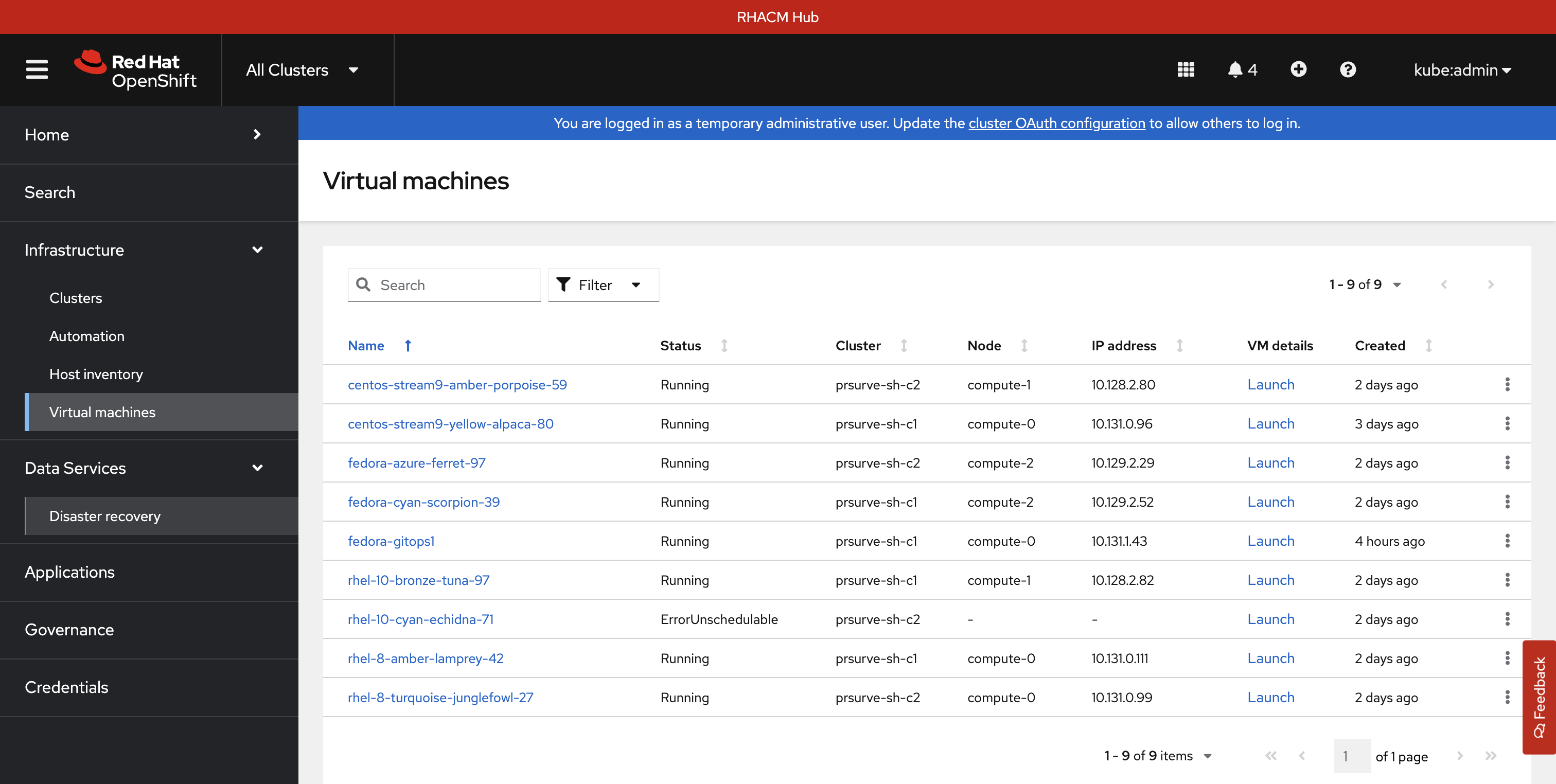 Here's the Virtual Machines menu in the Red Hat Advanced Cluster Management for Kubernetes (RHACM) UI. In this interactive demo, you'll see how to easily handle regional disaster recovery(DR) for Virtual Machines.