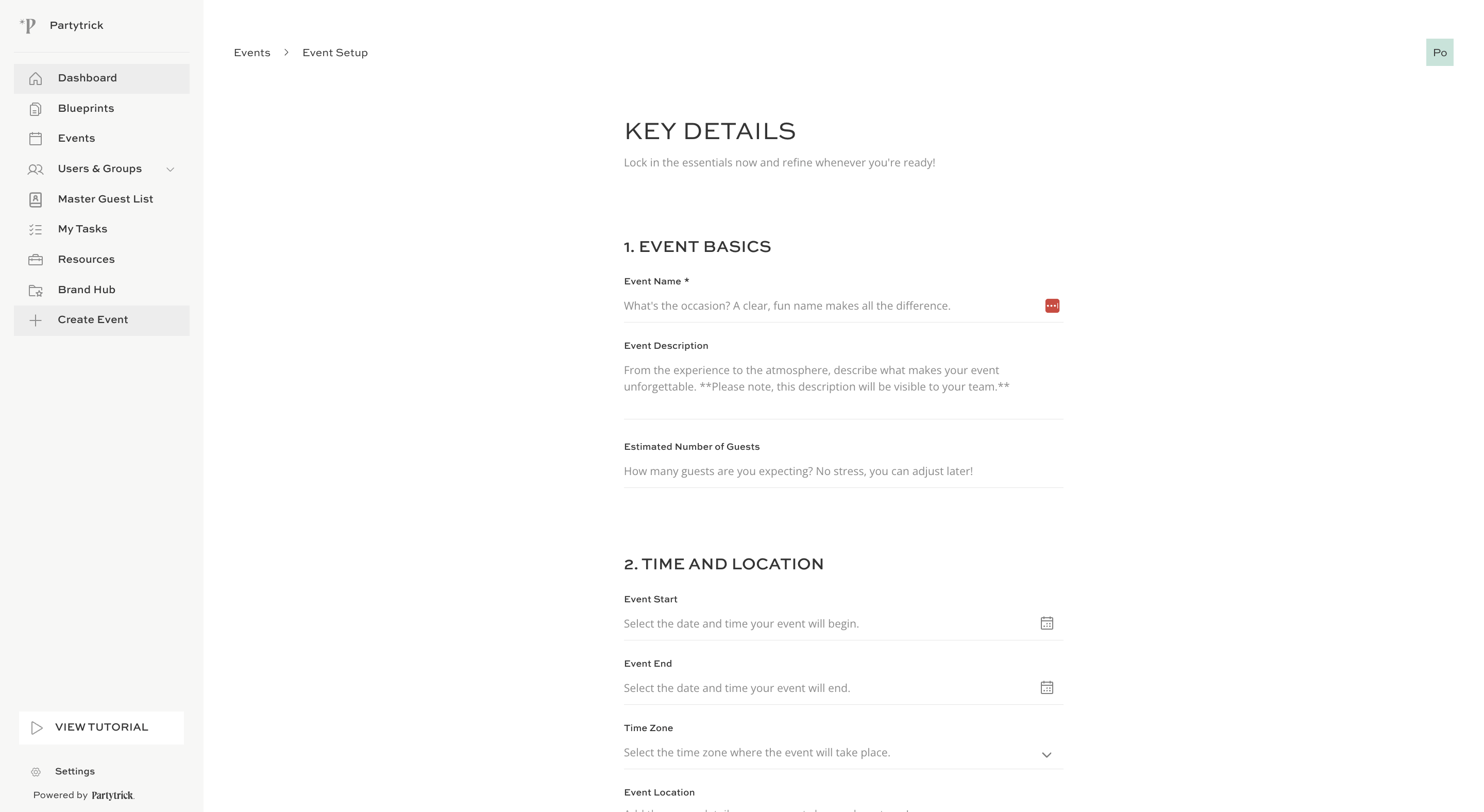 Set up your event manually by adding in key details, time and location, collaborators and save.