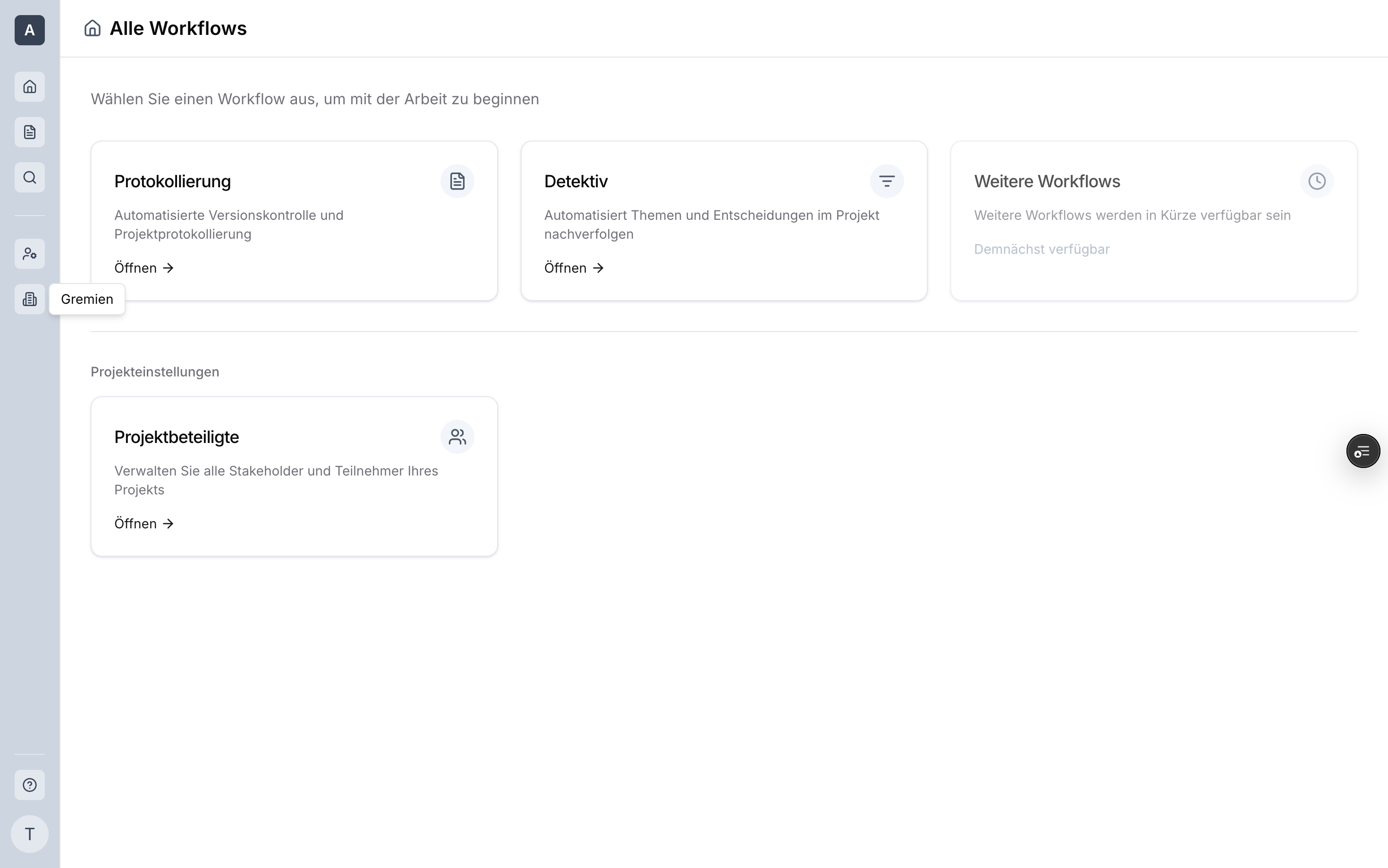 Klicken Sie auf das Gremien-Symbol in der Seitenleiste, um zur Verwaltung der Gremien zu gelangen.