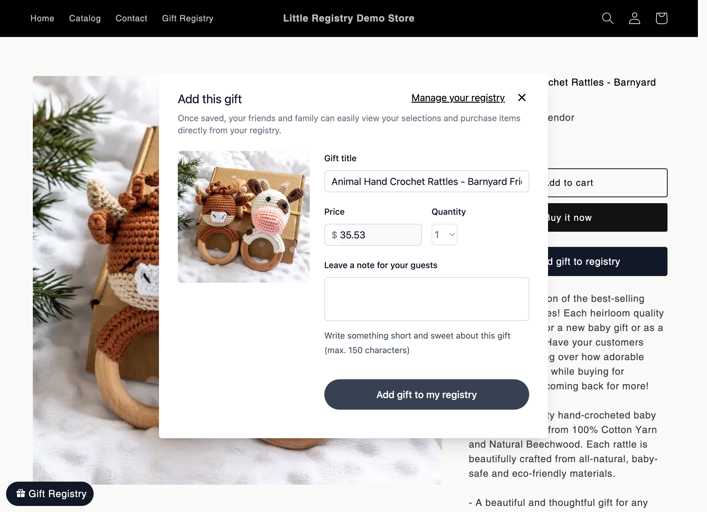 When users add items to registry, a confirmation modal shows up.